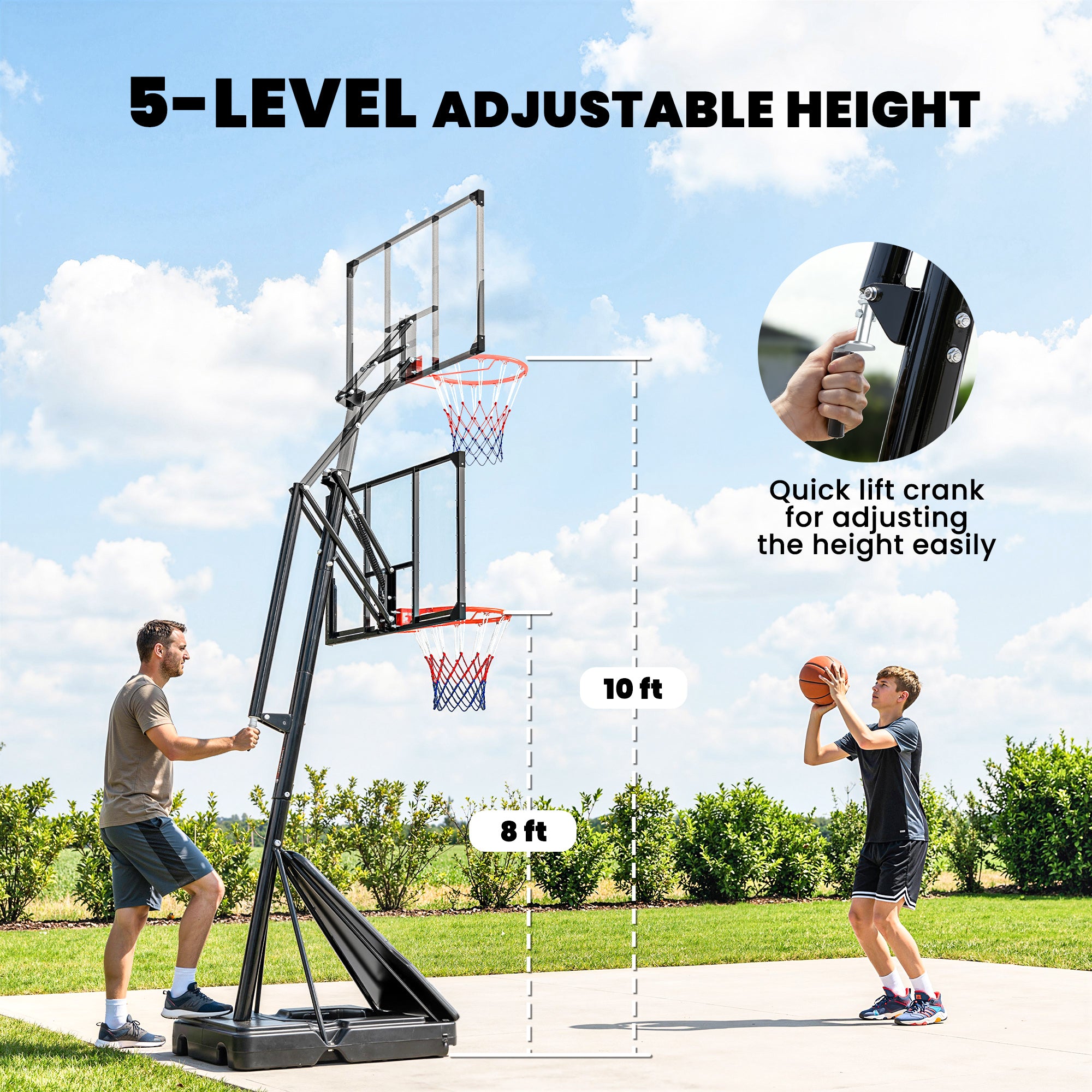 Portable Basketball Hoop Outdoor, 8-10ft Adjustable Basketball Goal, 47 Inch Shatterproof Backboard, Hand-Crank Lift