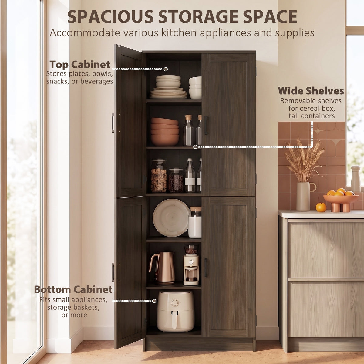 Freestanding Kitchen Pantry, 4-Door Kitchen Pantry Cabinet with Adjustable Shelves and Doors, Brown