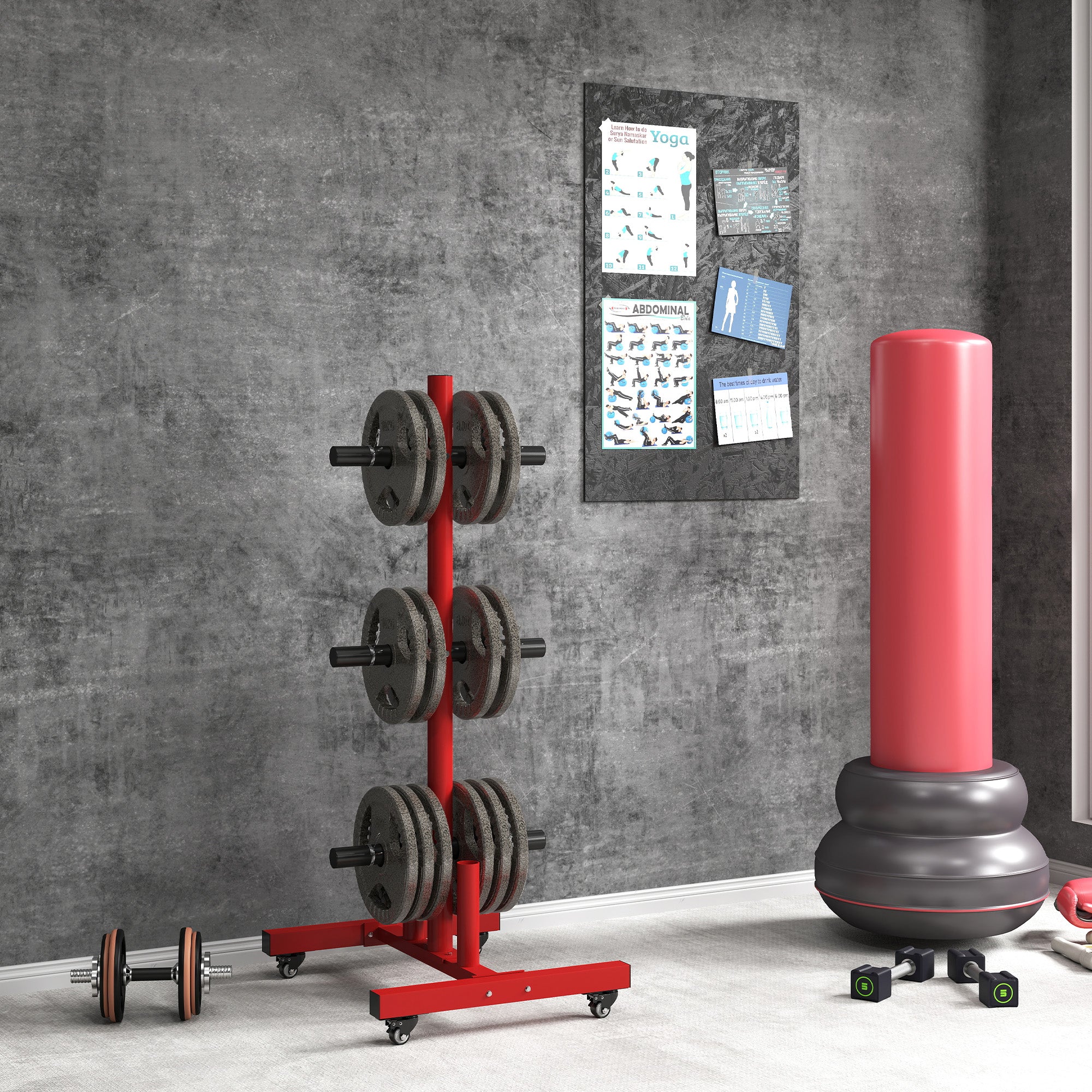 2 Inch Weight Plate Rack, Plate Rack Holder for Olympic Weight Plates and Bars, with 4 Transport Wheels and 6 Fasten Clamps, 440 lbs. Capacity, Red