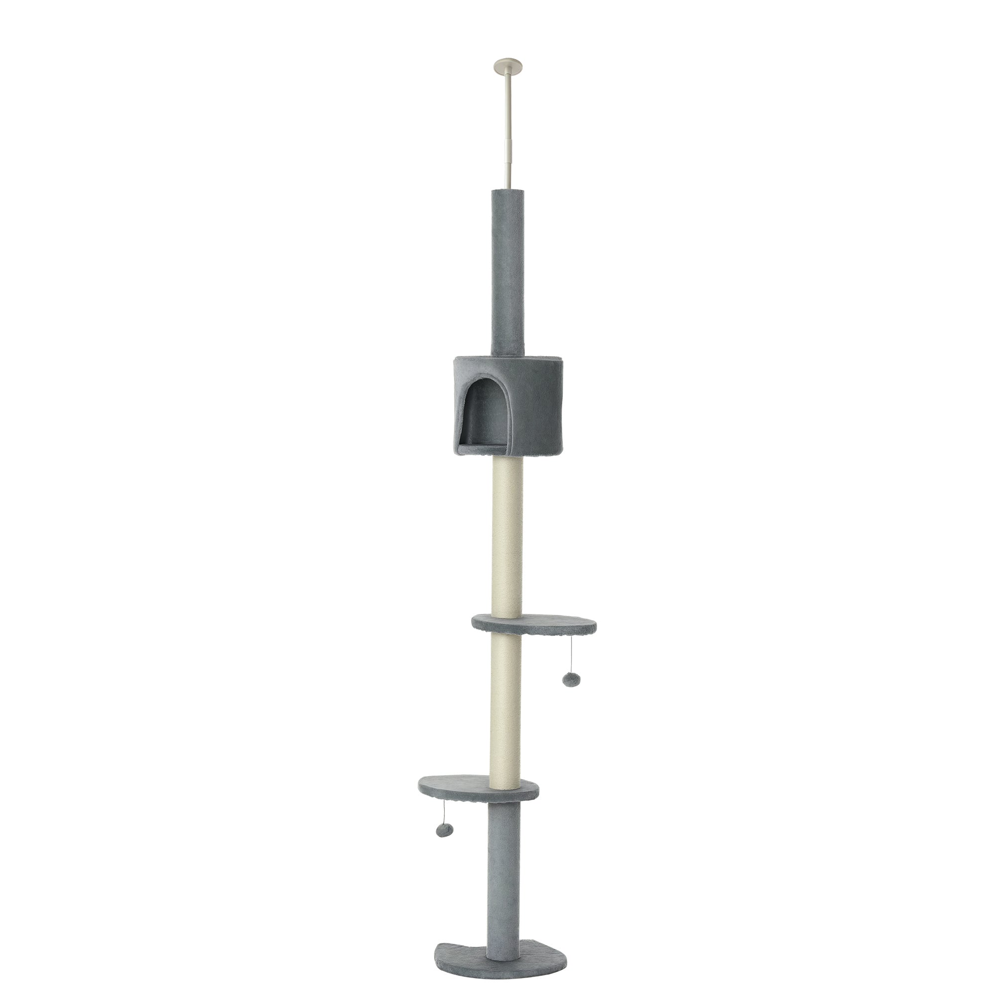 85.5" Cat Tree Height Adjustable Floor-to-Ceiling 4-Tier Kitty Climbing Activity Center Condo Cat Toy with Scratching Post Hanging Balls Play Rest Post Pet Furniture Grey - Light grey