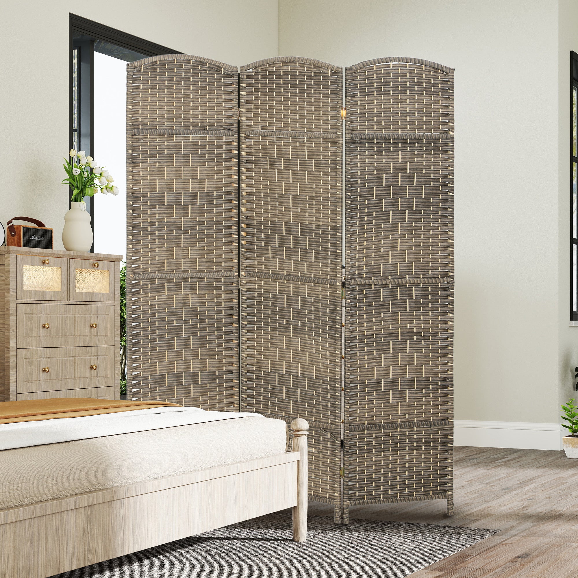 Folding Room Divider Screen 3 Panel 6' Tall Privacy Screen Freestanding Wood Partition for Home Office, Dark Rustic Oak