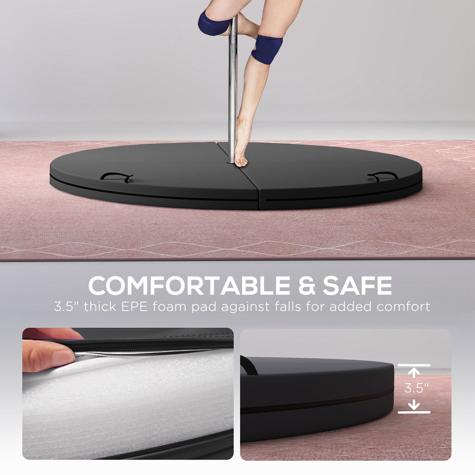 Foldable Crash Mat, Pole Padding with Carrying Handles and EPE Foam for Dance Training and Exercise, Black