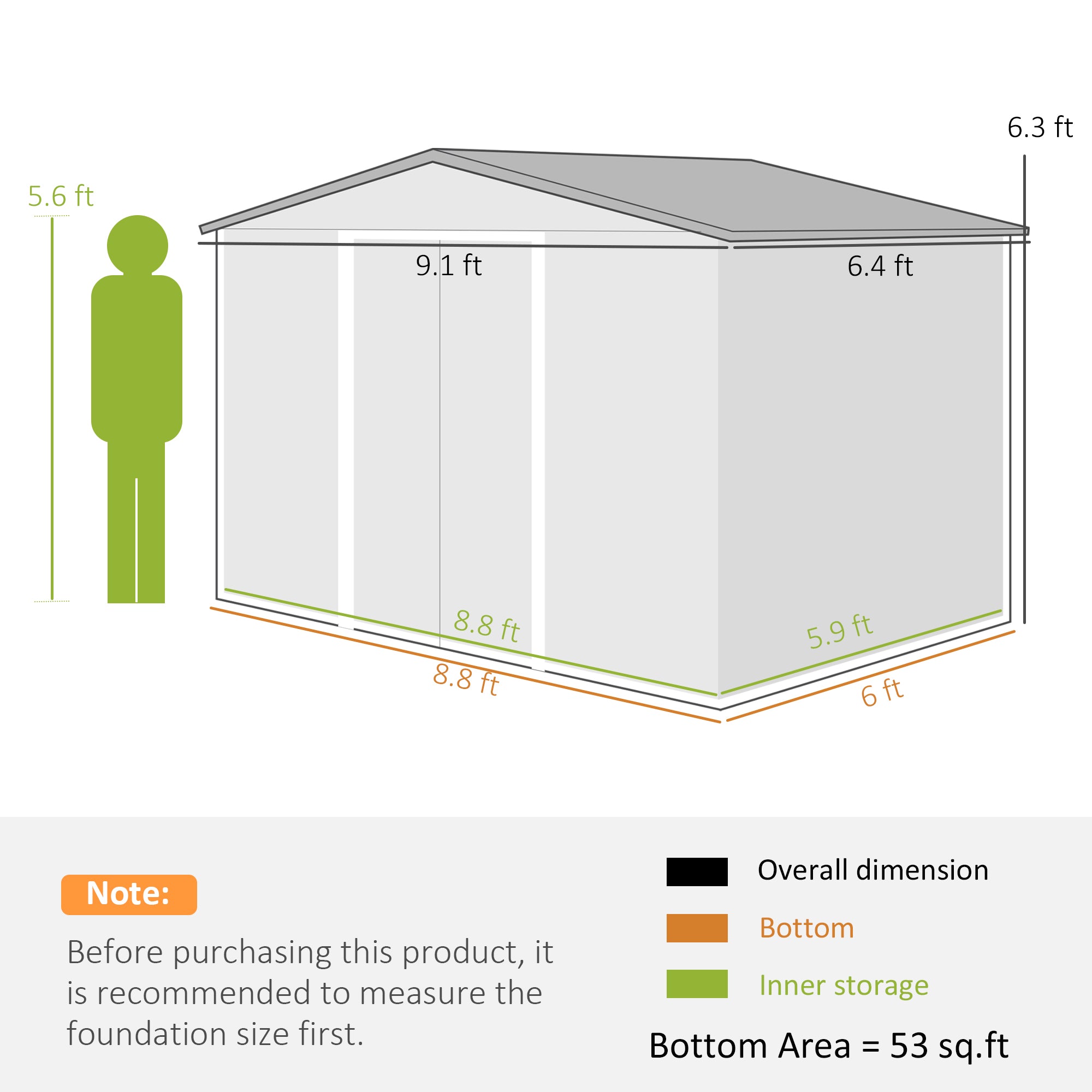 9' x 6' Outdoor Storage Shed, Garden Tool Metal Shed with Foundation Kit, Double Lockable Door, Air Vents and Sloping Roof, for Backyard, Patio, Lawn, Green - Green - Image 3