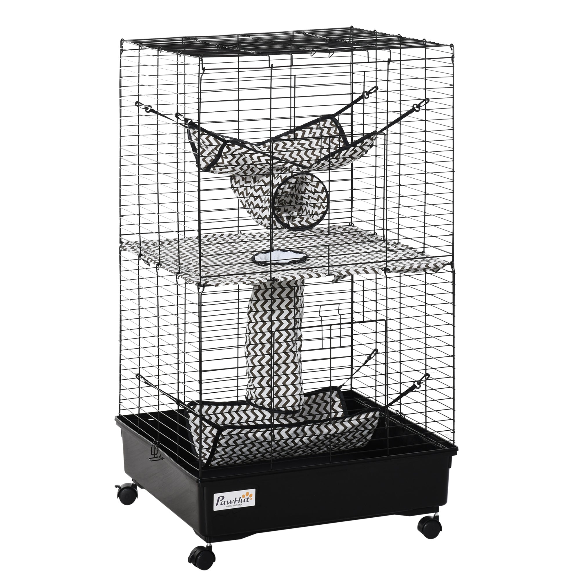 42" Ferret Cage, Small Animal Habitat Metal Pet Cage with Wheels Brakes, Hammocks, Hanging Tunnels, and 3 Doors, Black - black