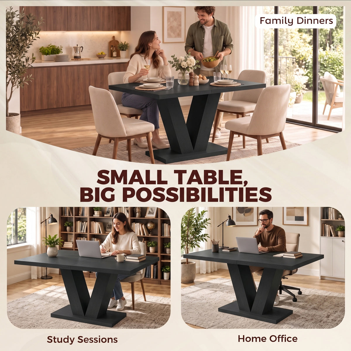 Modern Dining Table for 4 People, 47.2" Kitchen Table for Dining Room and Living Room, Rectangular, Black Wood Grain