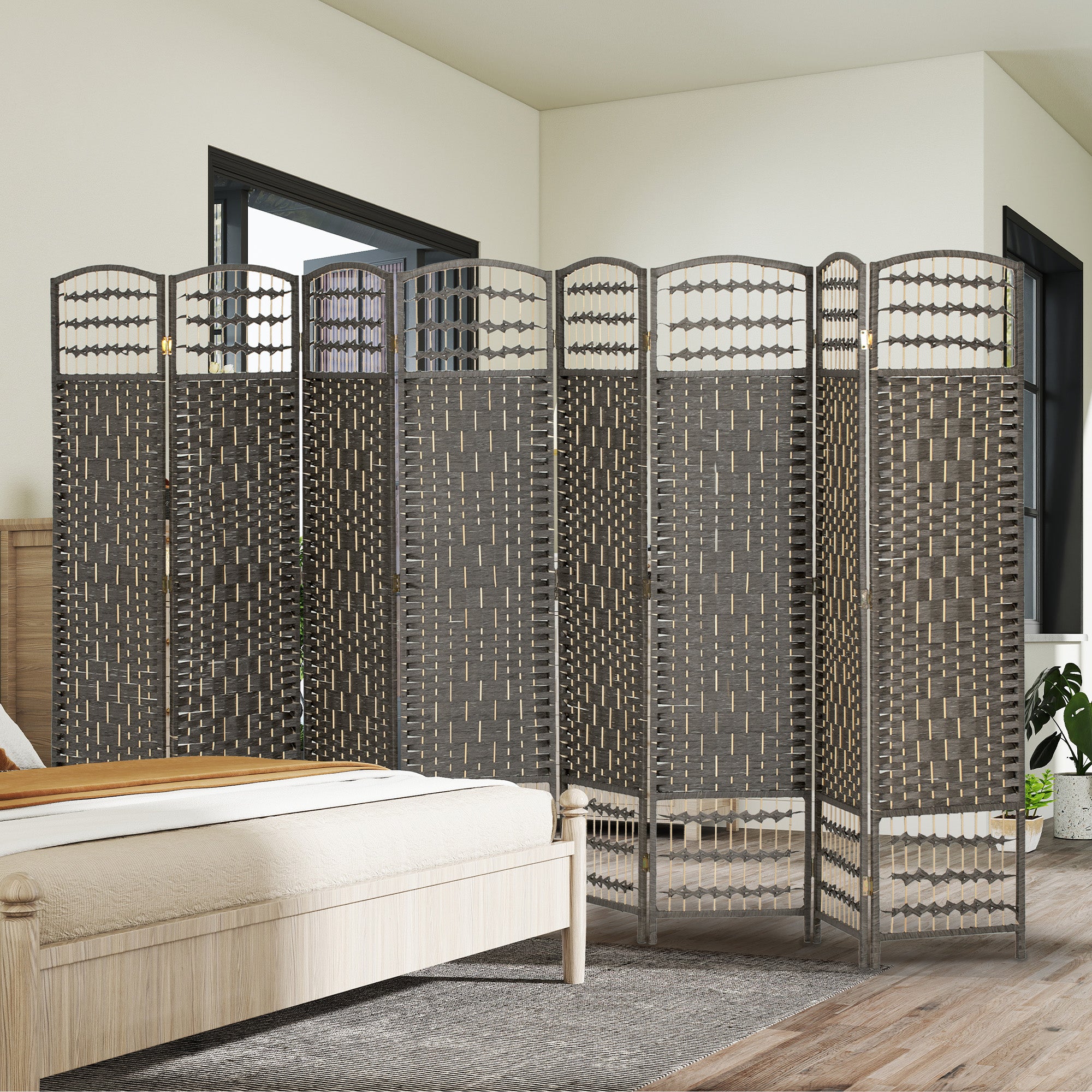 8 Panel Folding Room Divider Portable Privacy Screen Wave Fiber Room Partition for Home Office Dark Gray