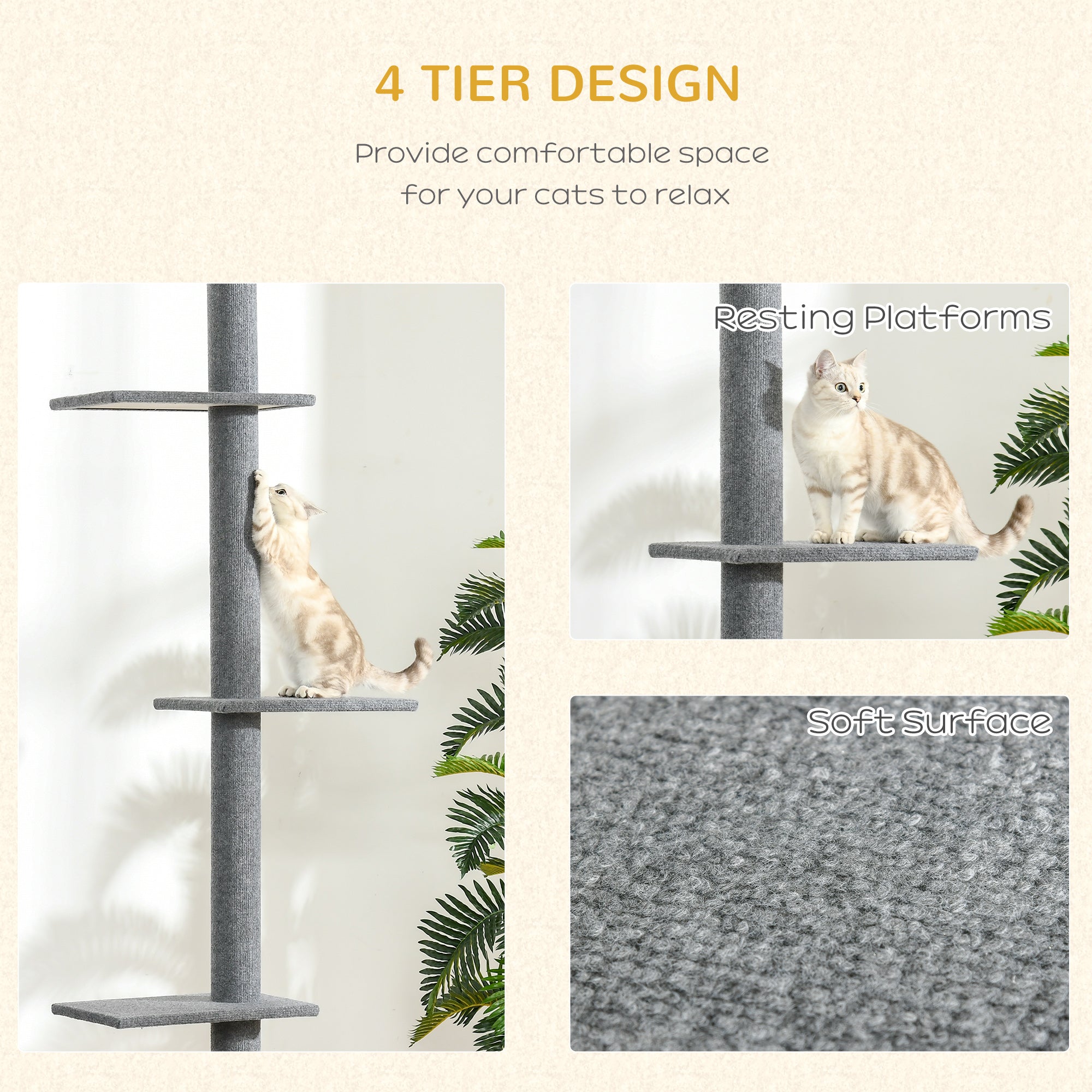 Floor-to-Ceiling Cat Tree Cat Climbing Tower with Sisal-Covered Scratching Posts Natural Cat Tree Activity Center for kittens Cat tower furniture, Grey - Dark Grey - Image 6