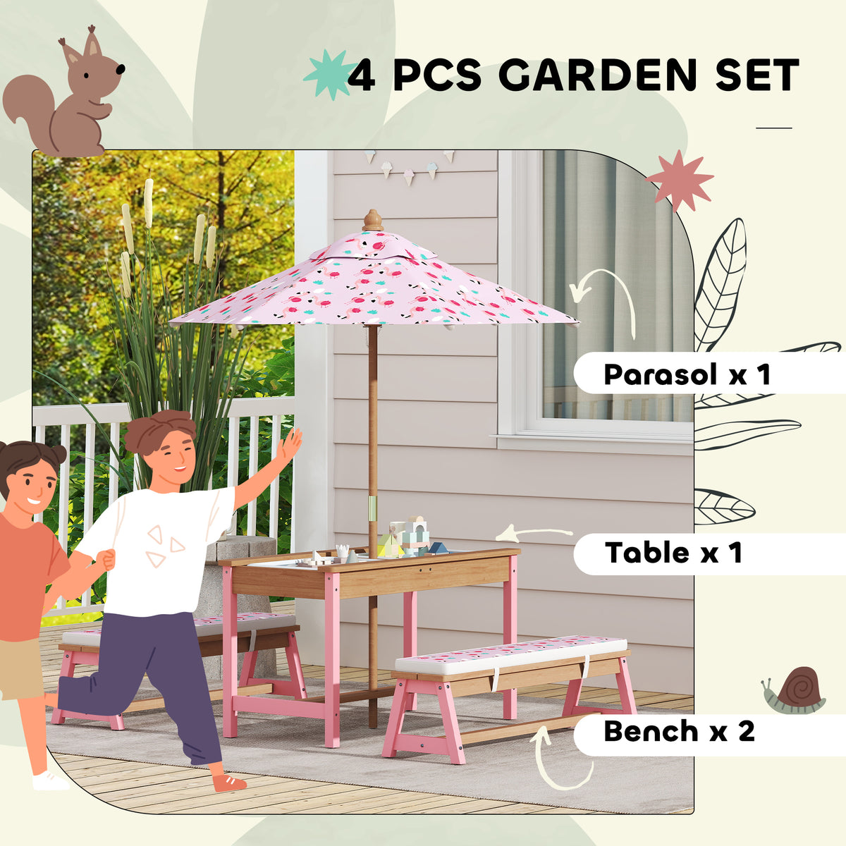 Qaba Kids Picnic Table Set with Foldable Umbrella, Removable Cushions & Boxes, Flamingo Theme, Pink
