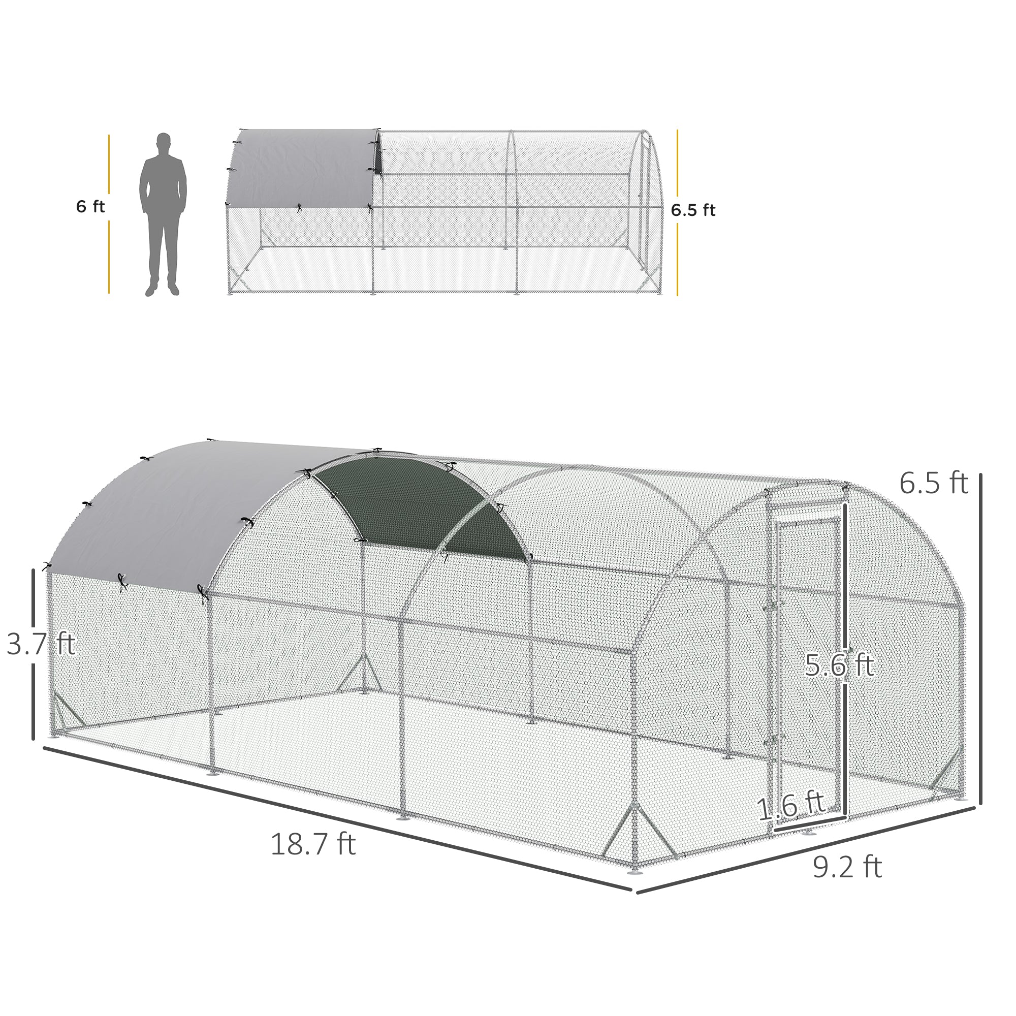 Large Chicken Coop Metal Chicken Run with Waterproof and Anti-UV Cover, Dome Shaped Walk-in Fence Cage Hen House for Outdoor and Yard Farm Use, 1" Tube Diameter, 9.2' x 18.7' x 6.5' - Silver - Image 3