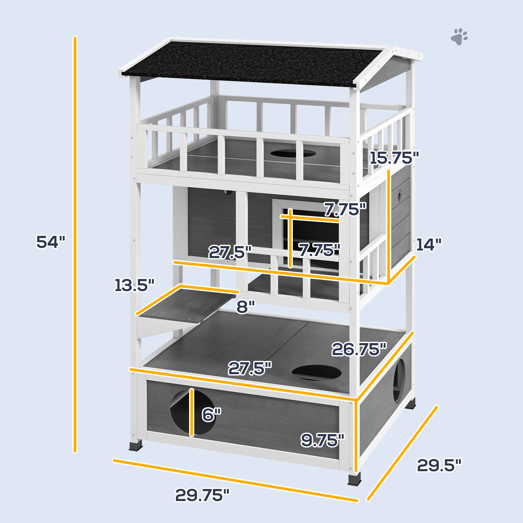 Wooden Outdoor Cat House with Asphalt Roof, Escape Doors, Condo, Jumping Platform, Light Gray - Light Gray - Image 3