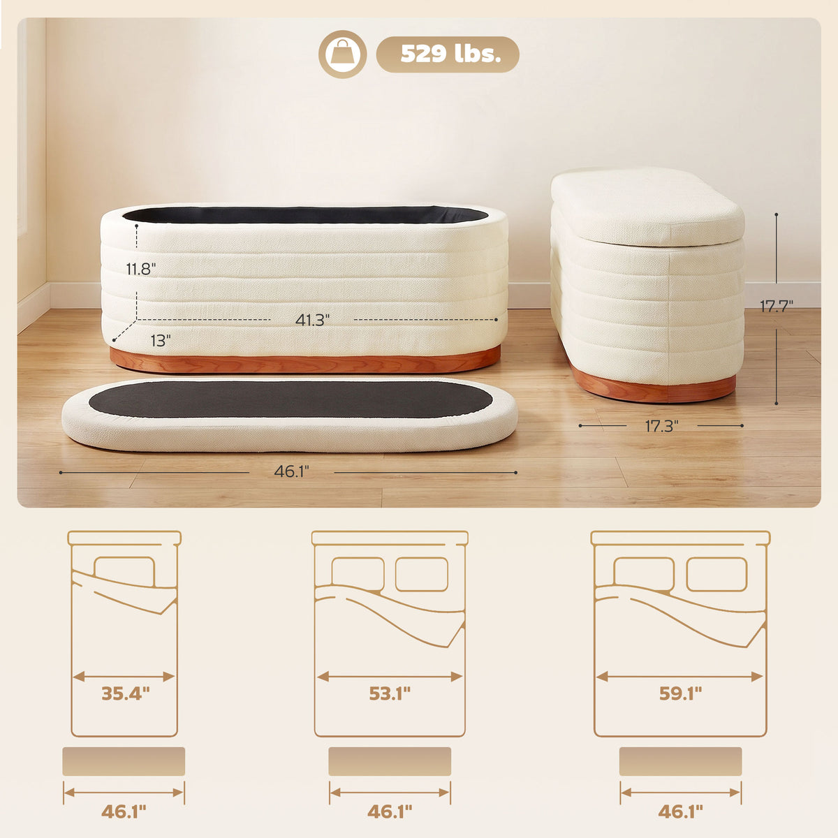 Storage Ottoman Bench Oval Chenille Upholstered Ottoman with Storage Chest, Cream White