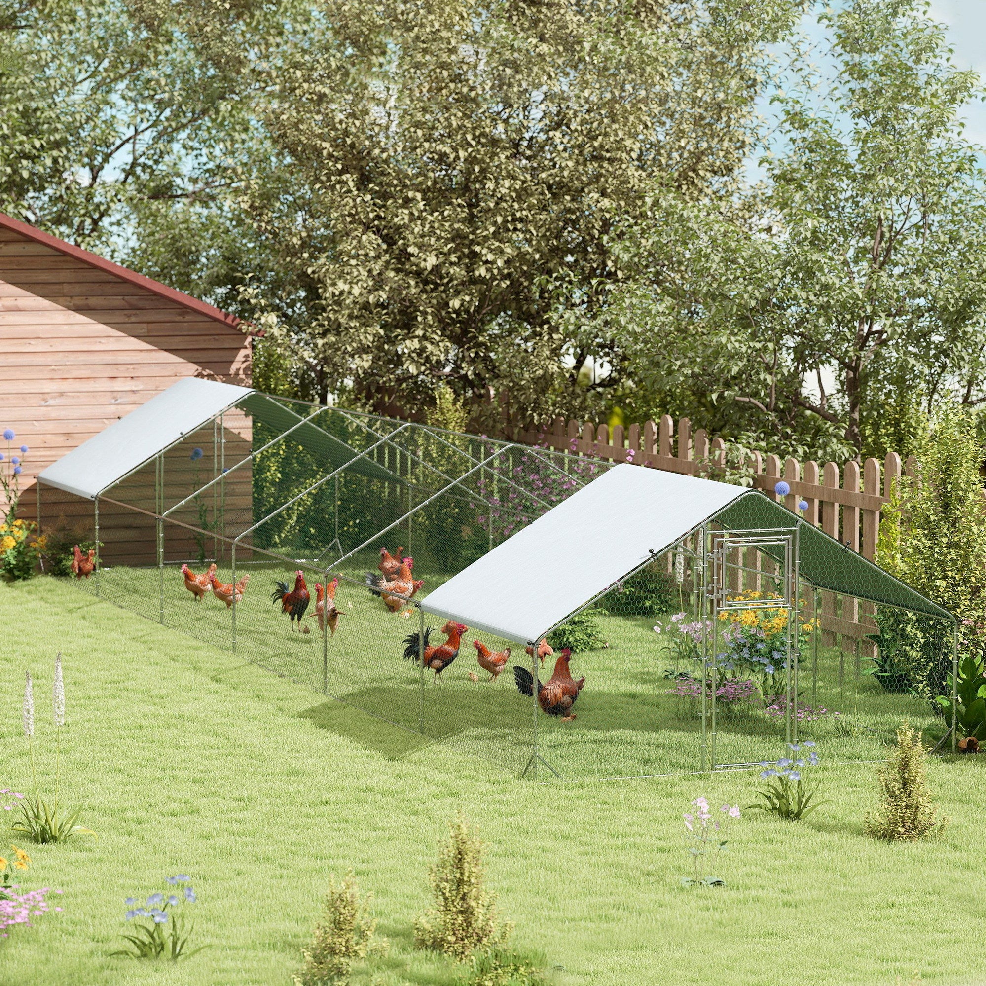 Large Chicken Coop with Waterproof and Anti-UV Cover, Spire Shaped for Outdoor and Yard Farm Use, 39' x 10' x 6.4' - Silver - Image 2