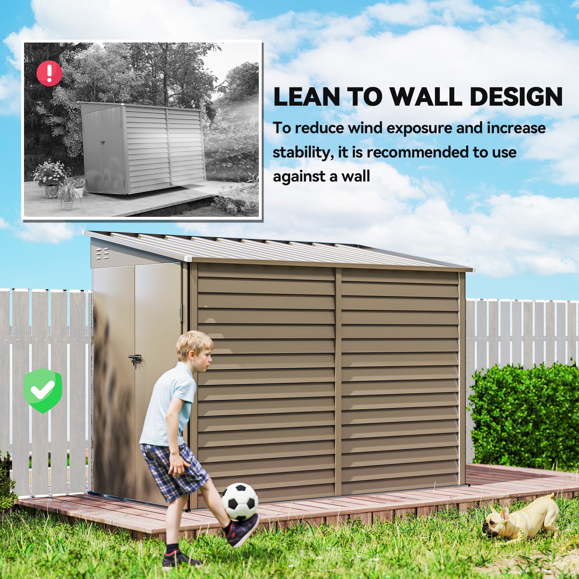 Metal Lean to Shed, 4.6' x 9', with Foundation Kit, Lockable Doors, for Outdoor Patio Lawn, Brown - Brown - Image 6