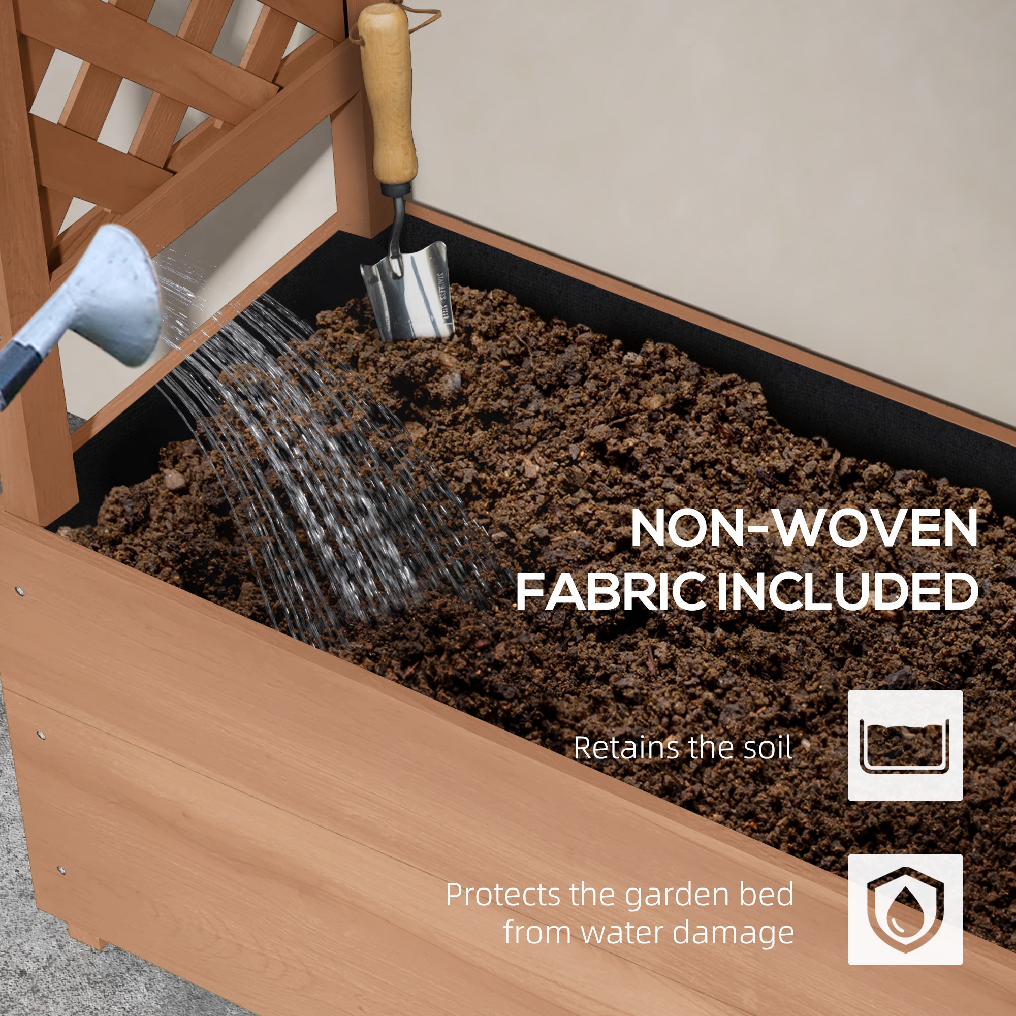 Raised Garden Bed with Trellises and Roof for Climbing Plant Vine, Hanging Flowers, 70.75" Tall Outdoor Wood Planter Box with Drainage & Filter - Brown - Image 6