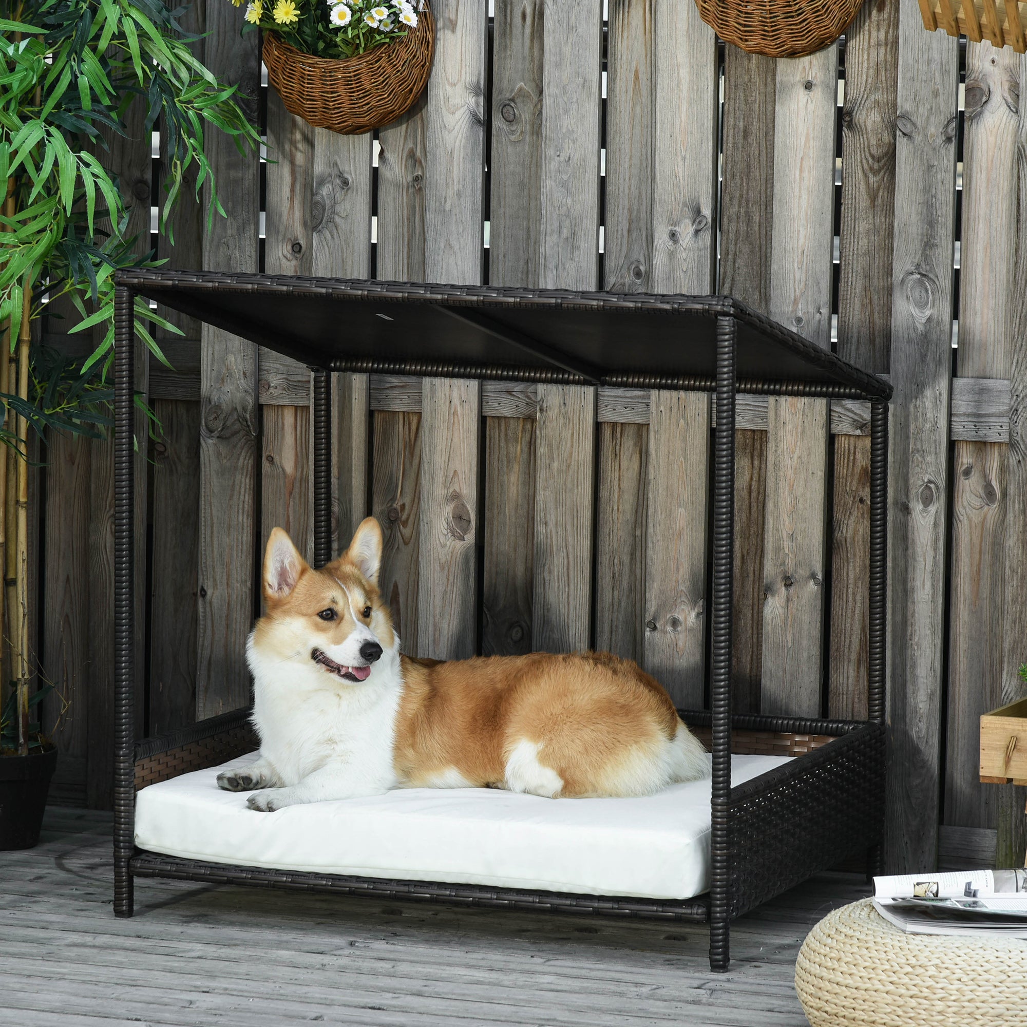 Wicker Dog House Raised Rattan Puppy Bed Cat Shelter for Indoor Outdoor Garden Patio Pet Sofa with Removable Cushion for Medium Sized Pet Brown - Brown and White - Image 2