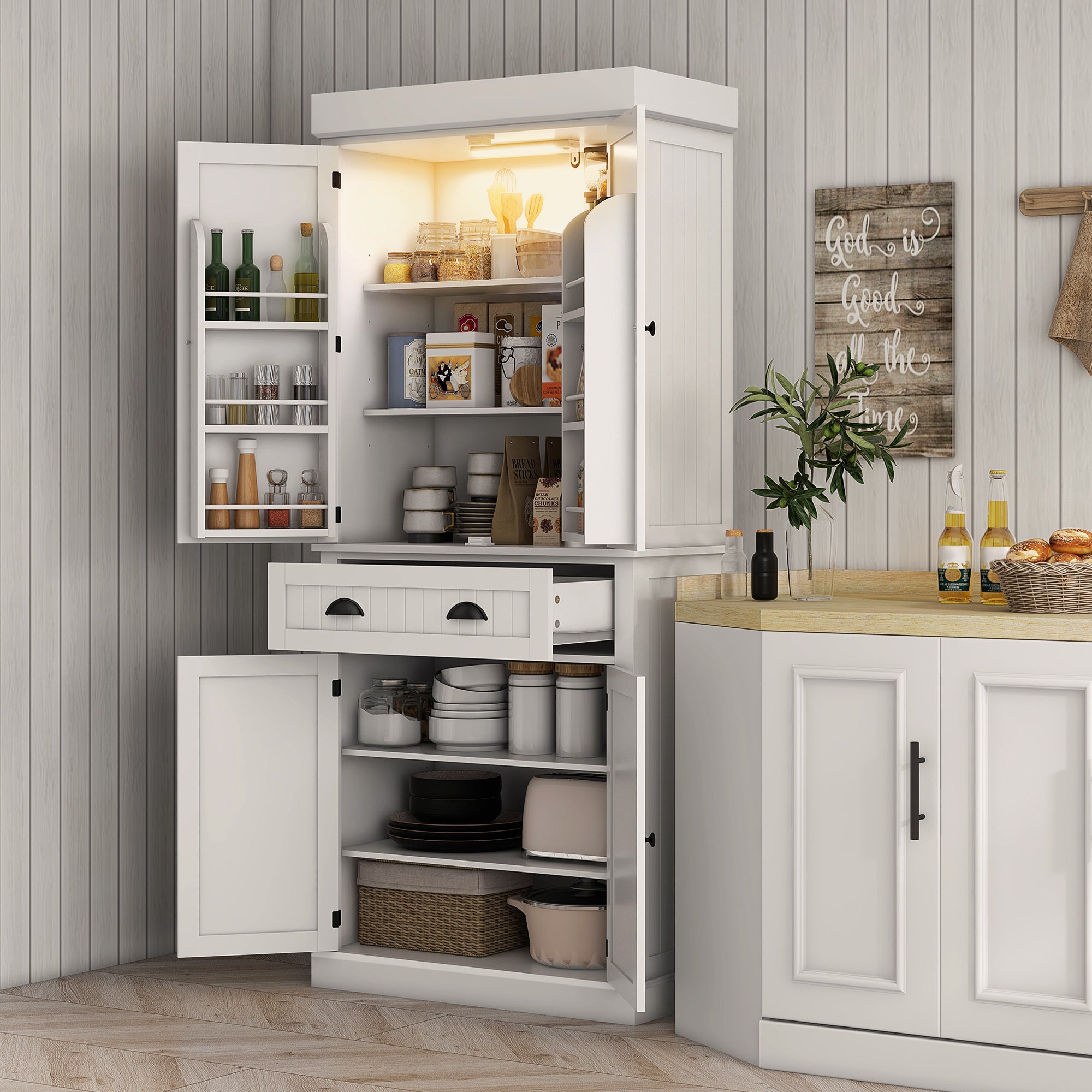 71" Kitchen Pantry Cabinet with LED Lights, 6 Door Shelves, a Drawer and 4 Adjustable Shelves, White