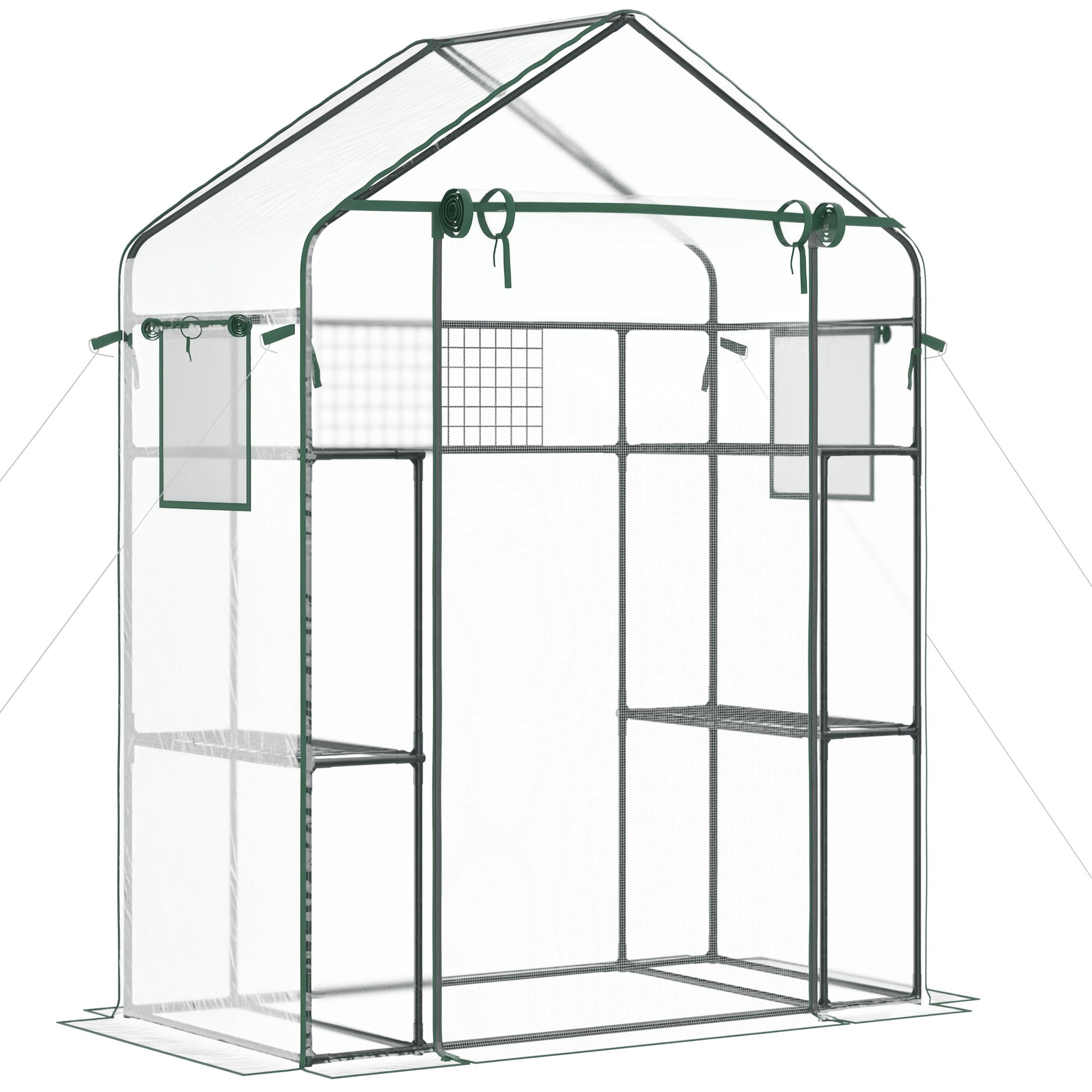 Outdoor Walk-in Mini Greenhouse with Mesh Door & Windows, Small Portable Garden Green House with 3 Tiers 6 Shelves, Trellis, & Plant Labels - Clear