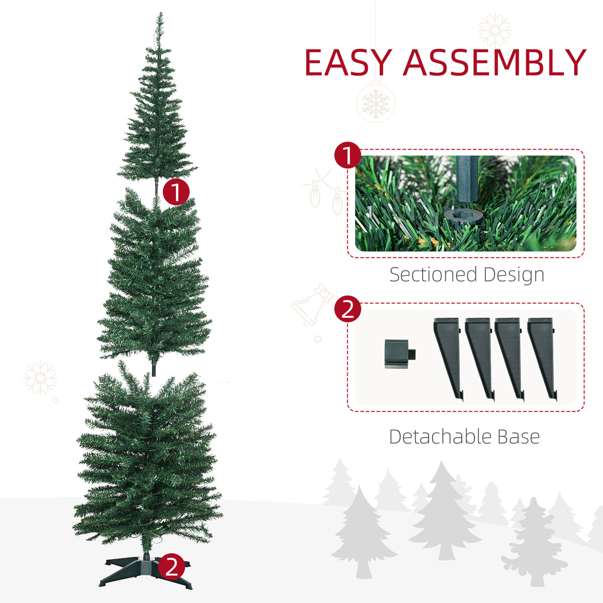 7' Tall Pre-Lit Slim Noble Fir Artificial Pencil Christmas Tree with 200 Warm White LED Lights and 499 Tips, for Christmas Decoration, Green