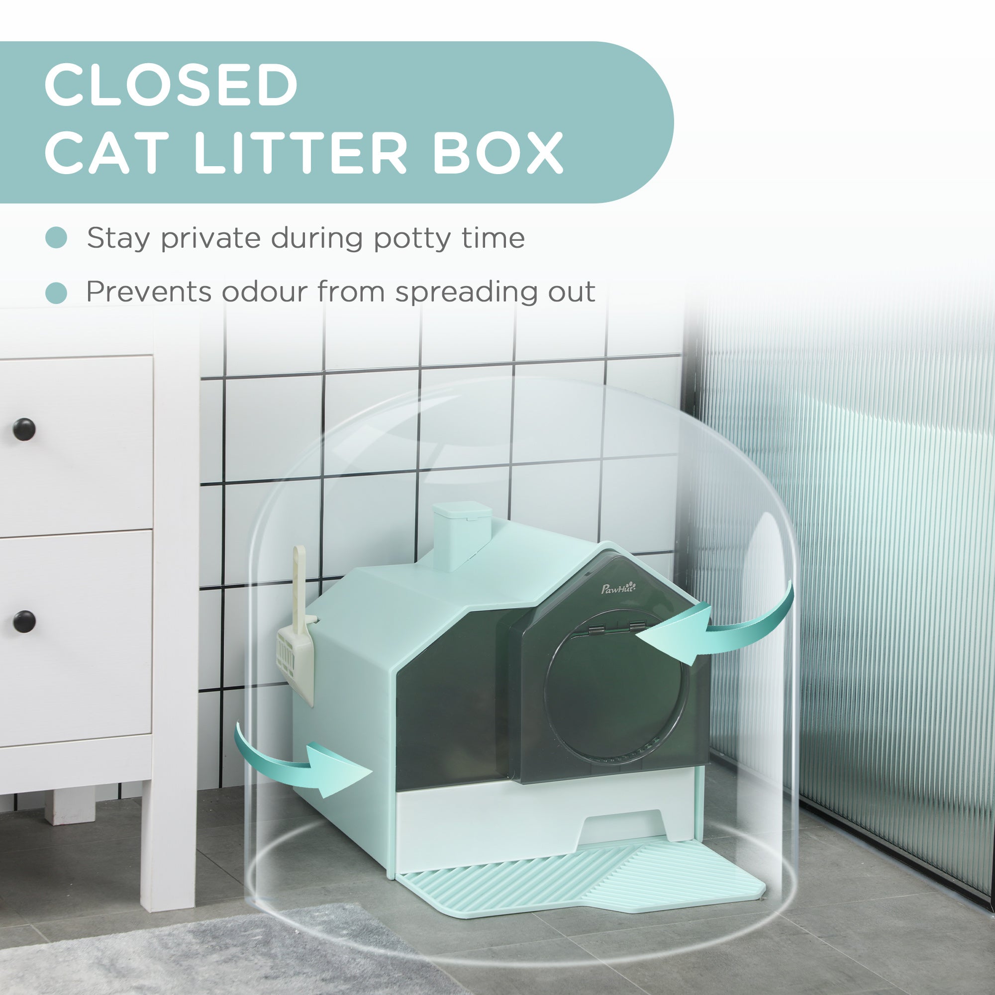 Hooded Cat Litter Box w/ Litter Mat, Litter Particle Catching, Light Blue - Light Blue - Image 6