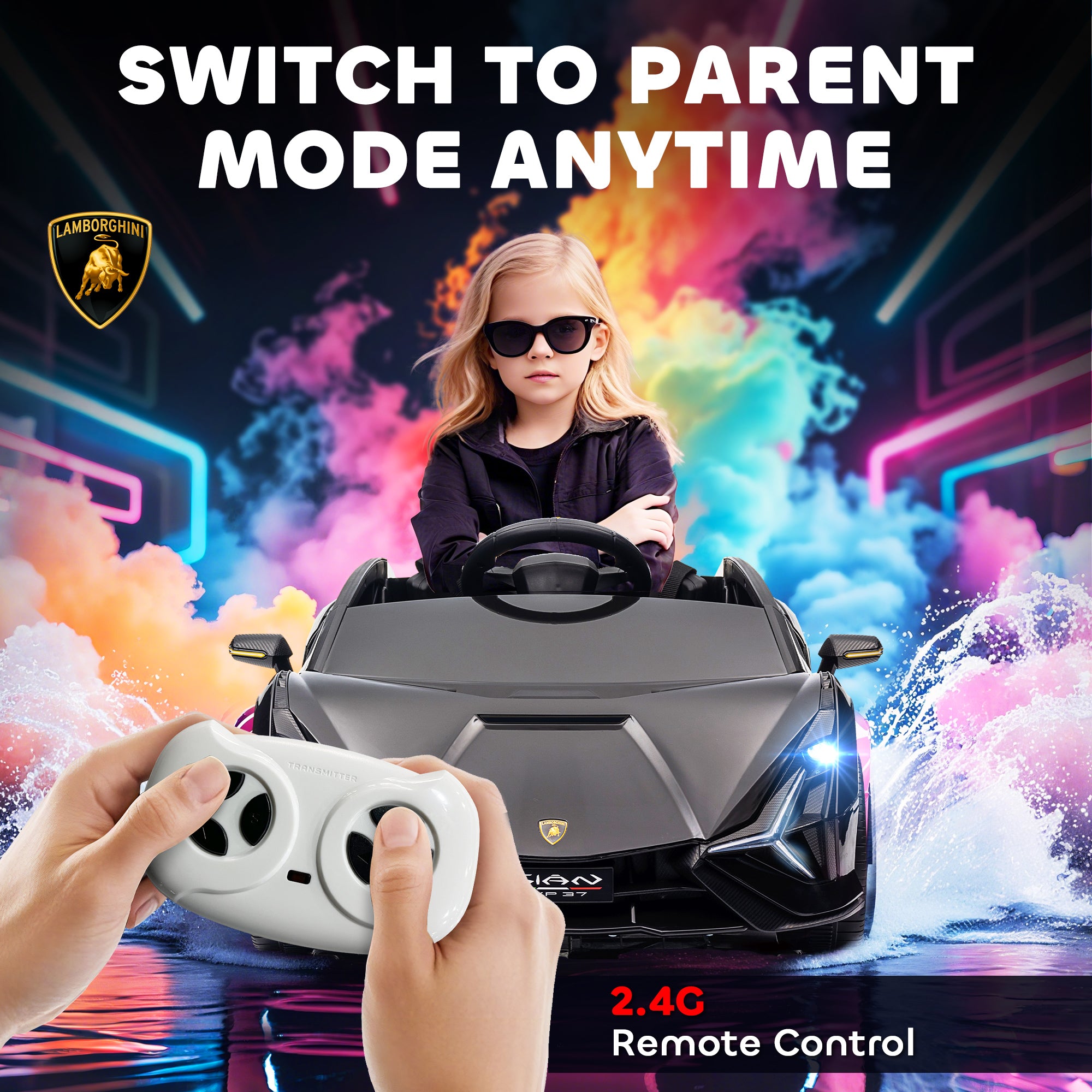 12V Lamborghini SIAN Licensed Electric Car for kids with Remote Control, Horn, Music, & Headlights, Black