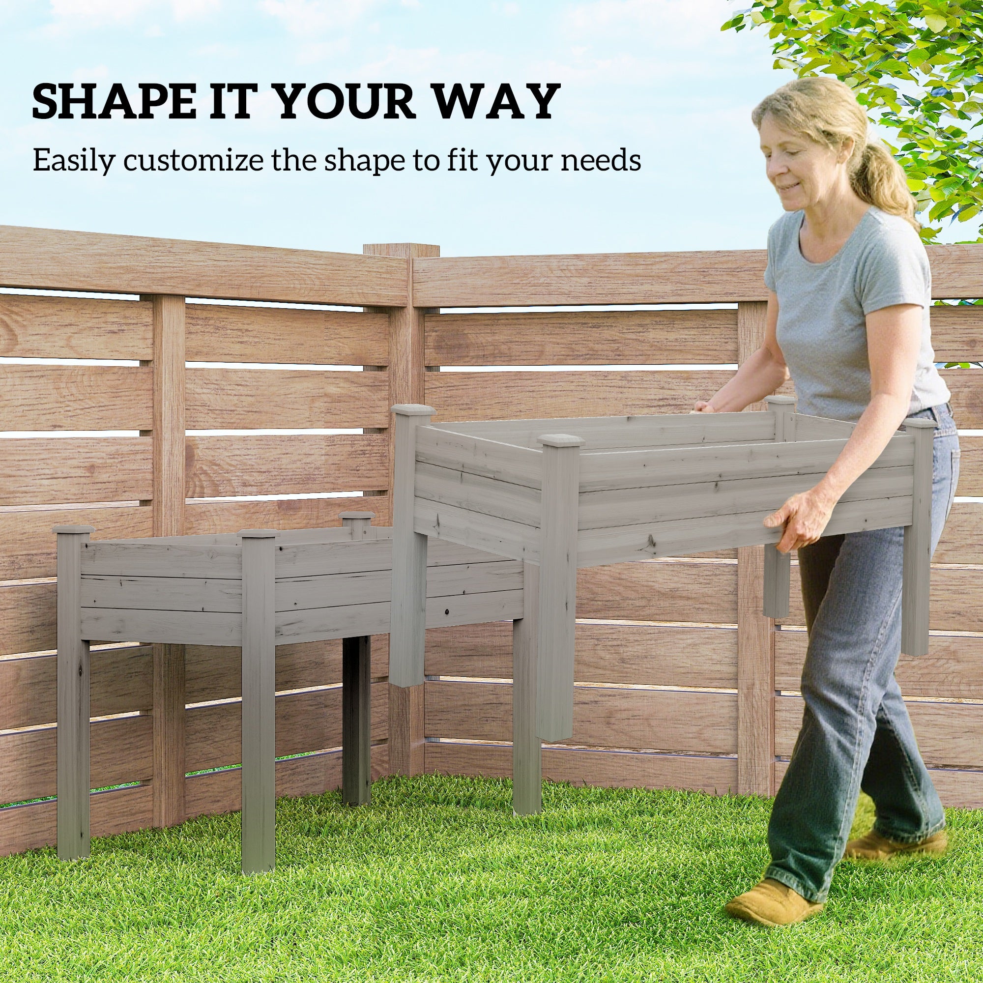 2 Tier Raised Garden Bed, Wooden Elevated Planter Box with Legs, Outdoor Plant Bed for Flowers Vegetables Herbs Gray - Gray - Image 6