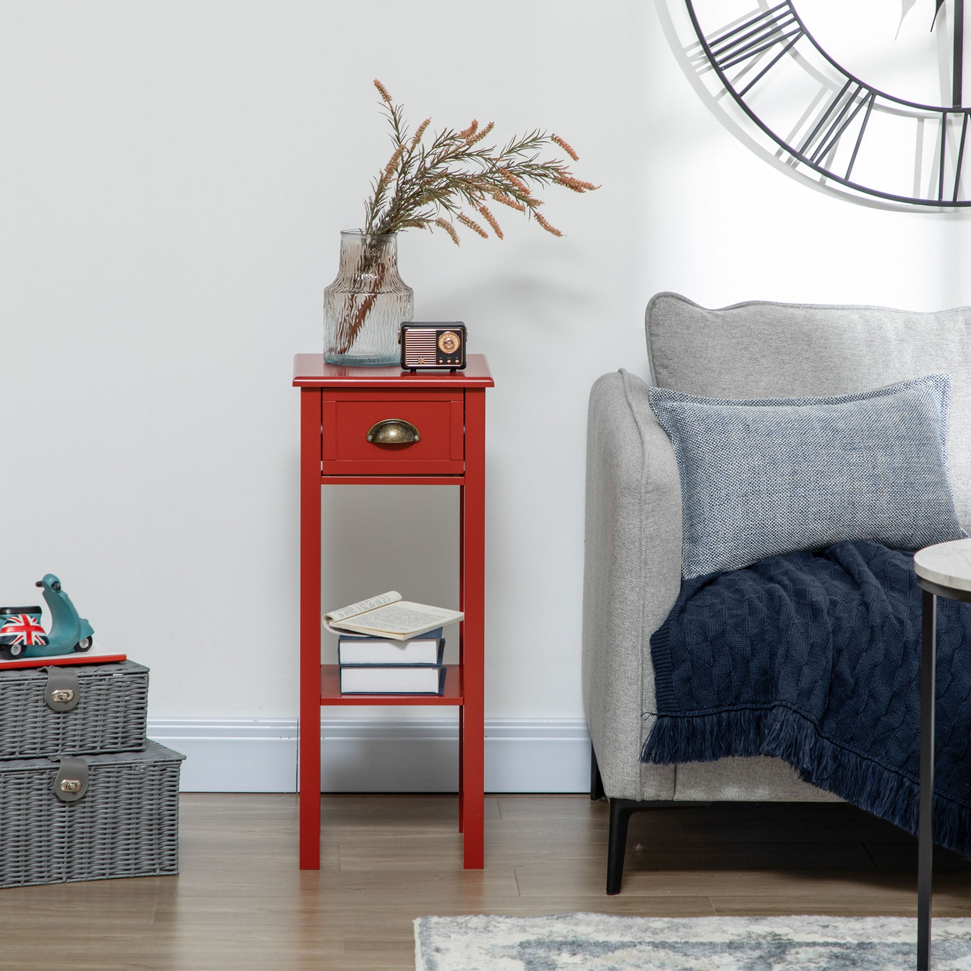 2-Tier Side Table with Drawer and Shelf, End Table for Living Room and Hallway, Red