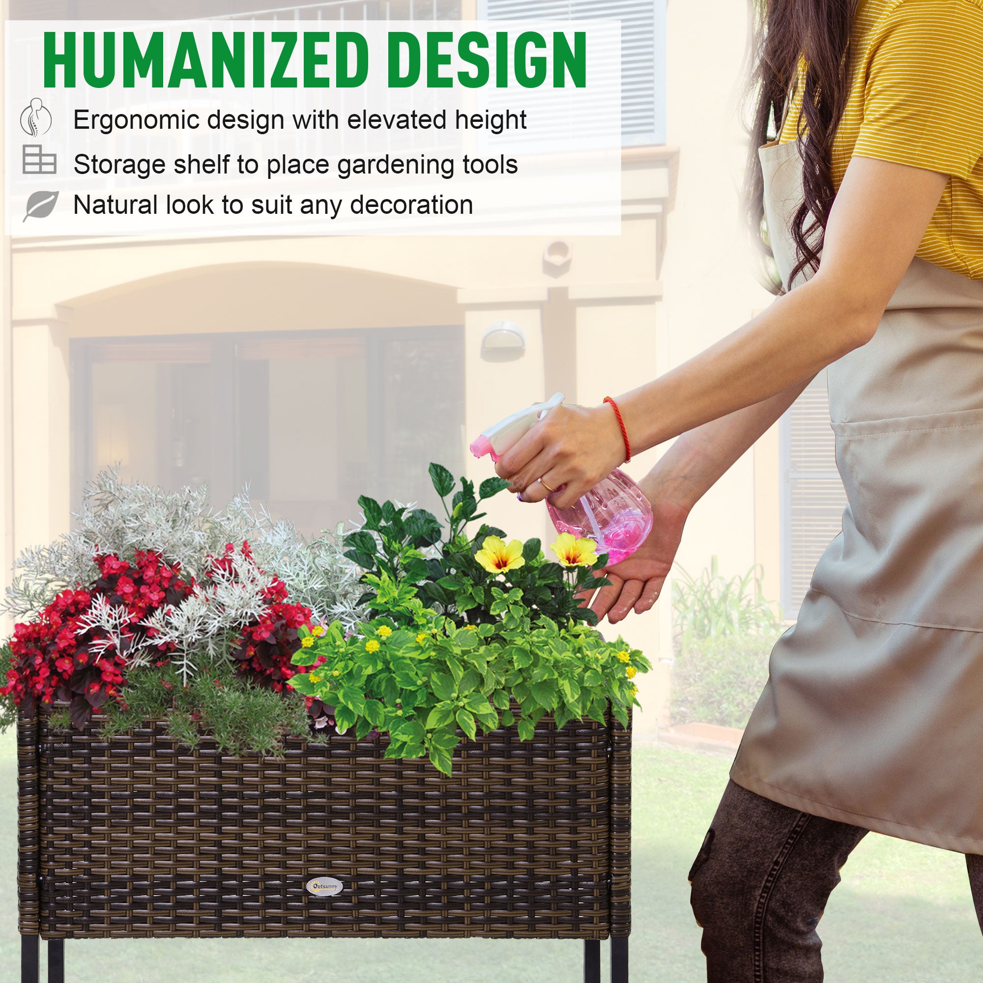 Raised Garden Bed, Elevated Planter Box with Rattan Wicker Look, Tool Storage Shelf, Portable Design for Herbs, Vegetables, Flowers, Brown - Brown - Image 6