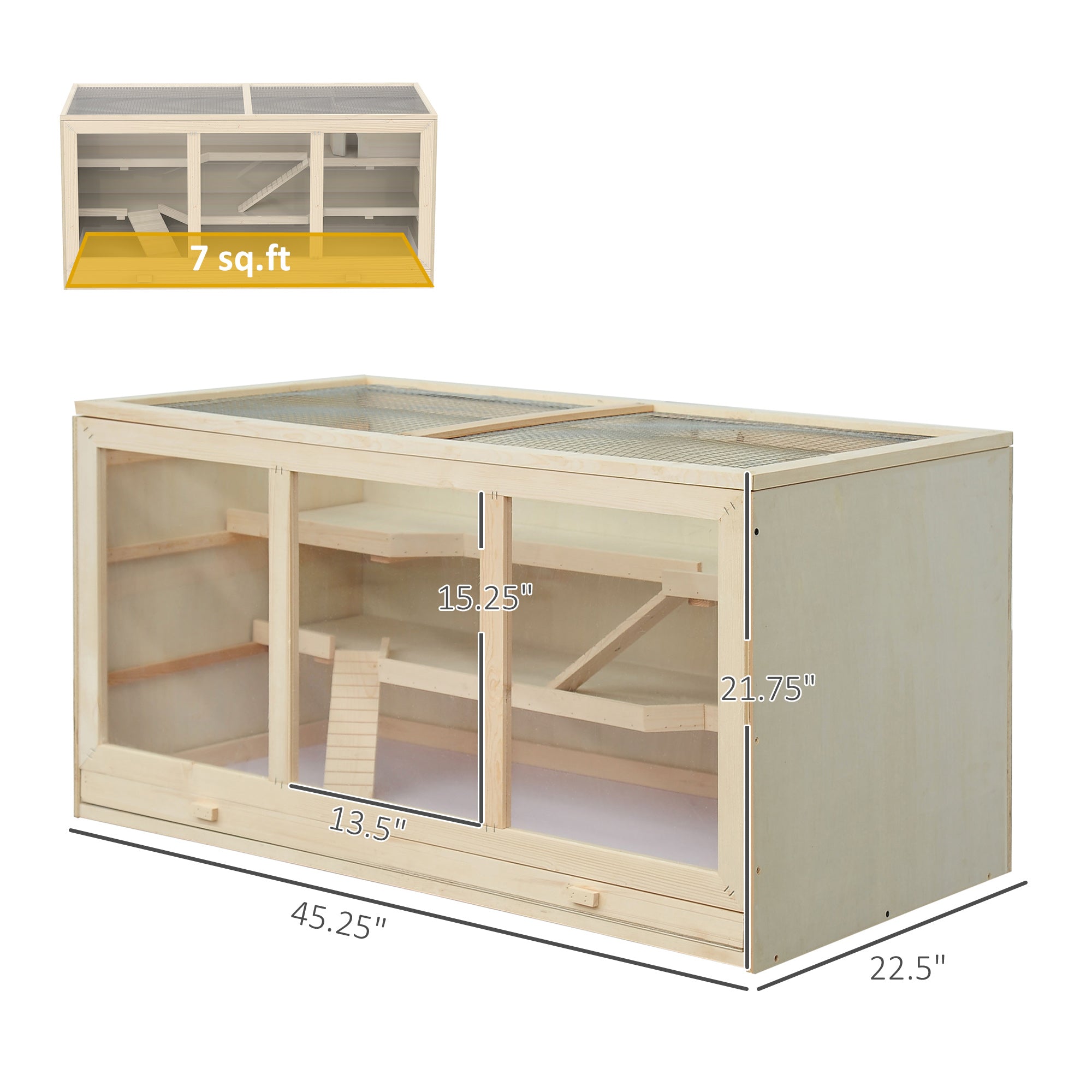 45" Extra Large Wooden Hamster Cage, 3-Layer Rat Cage with Opening Roof, PVC Window, Small Animal Habitat for Gerbil, Dwarf & Syrian Hamsters, Natural - natural - Image 3