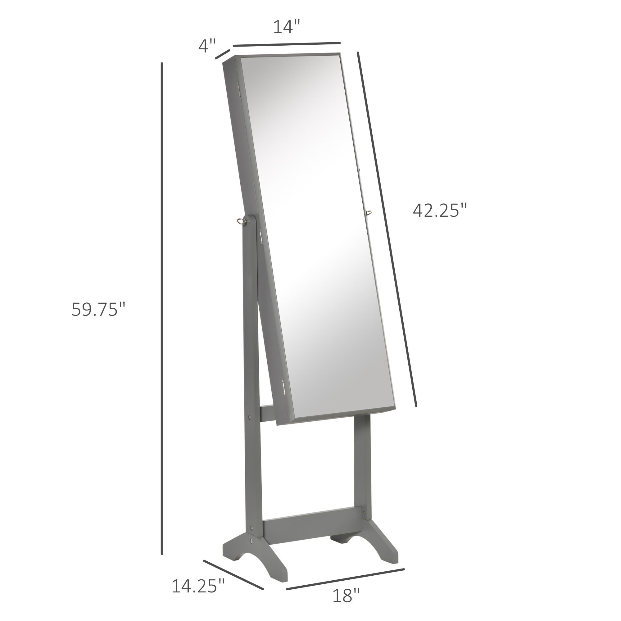 60" Full-Length Mirror Jewelry Storage Armoire w/ Lockable Door & Key, Gray