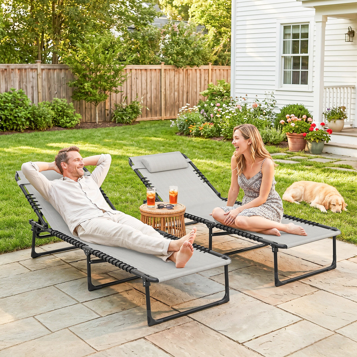 2 Folding Chaise Lounge Pool Chairs with 4-Position Reclining Back, Pillow, Breathable Mesh & Bungee Seat, Dark Blue