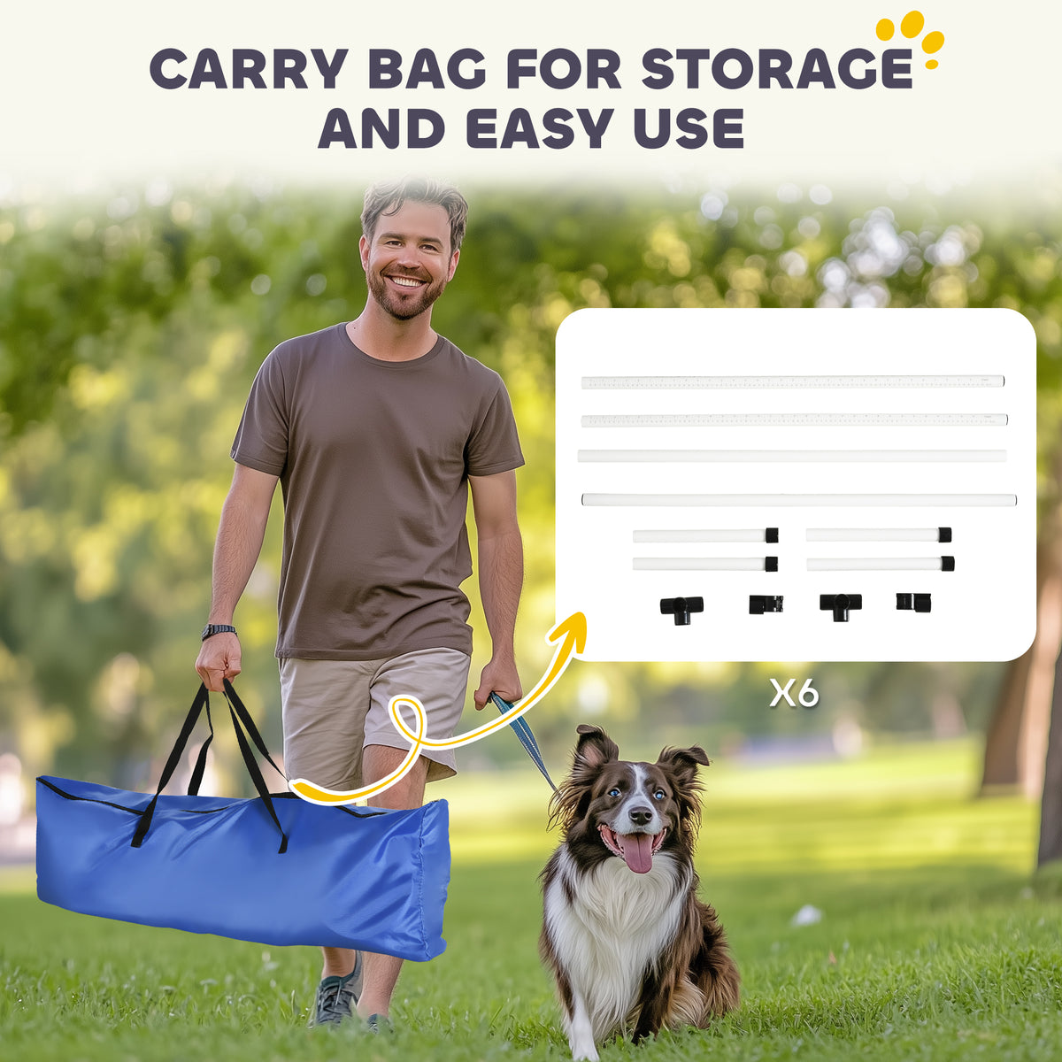 6 Piece Dog Agility Set with Adjustable Height Jump Bars, Carry Bag, Displacing Top Bar, White