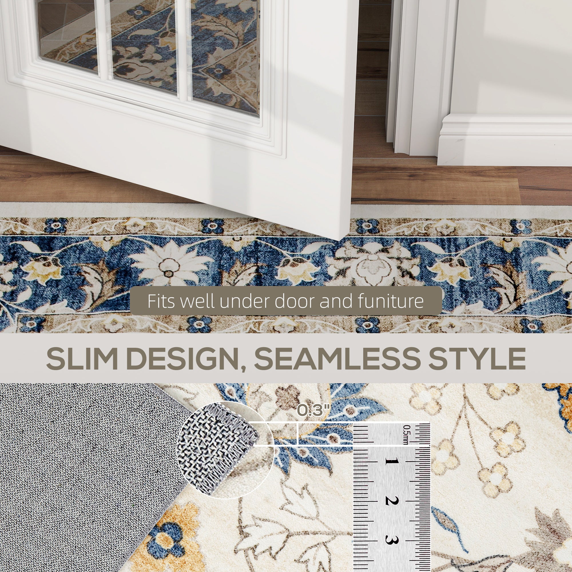 Machine Washable Area Rug 8x10, Non-Slip Boho Floral Print Floor Carpet for Living Room, Bedroom, Dining Room, Blue