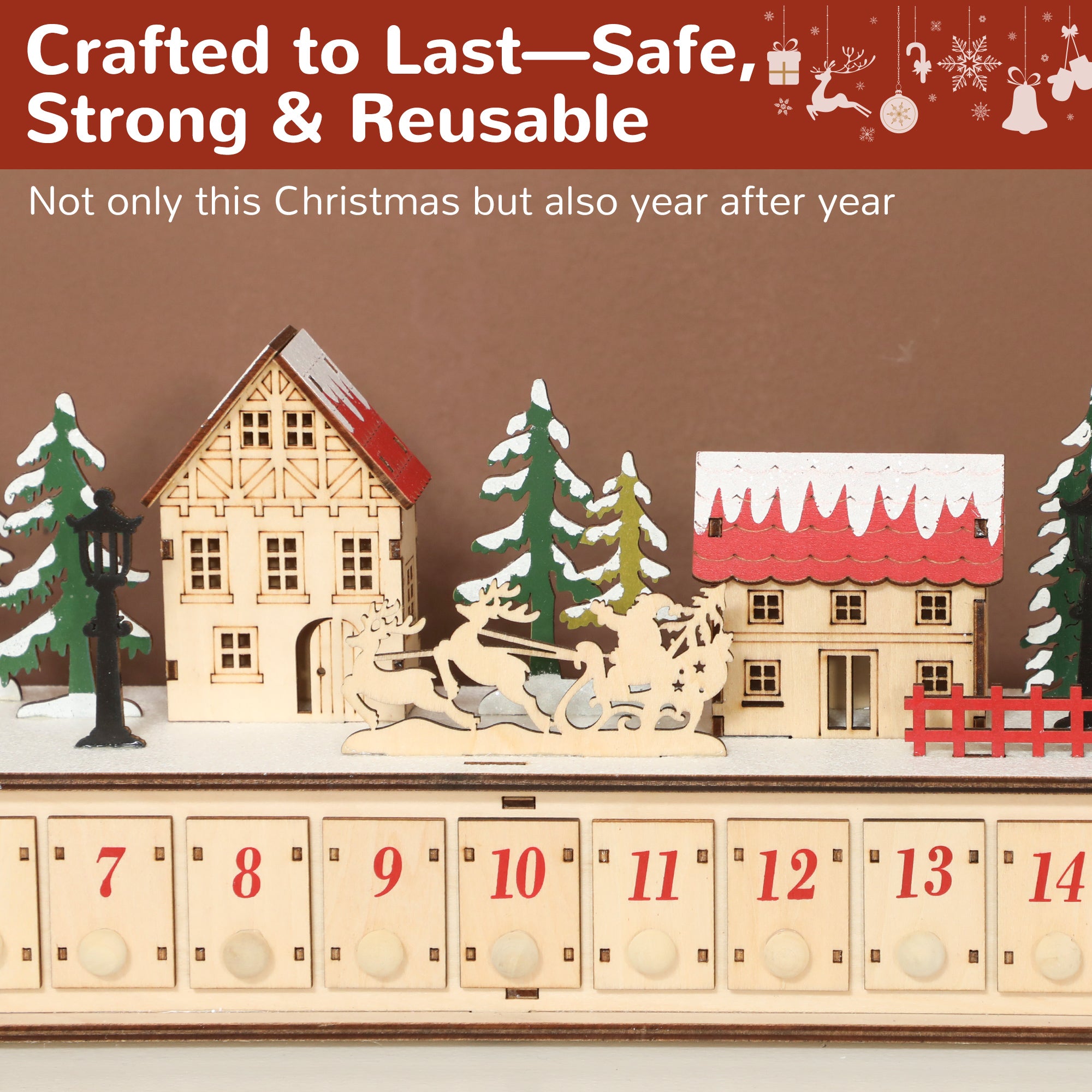 Christmas Advent Calendar with 24 Countdown Drawers and LED Lights, Wood-Effect Advent Calendar, Battery Operated