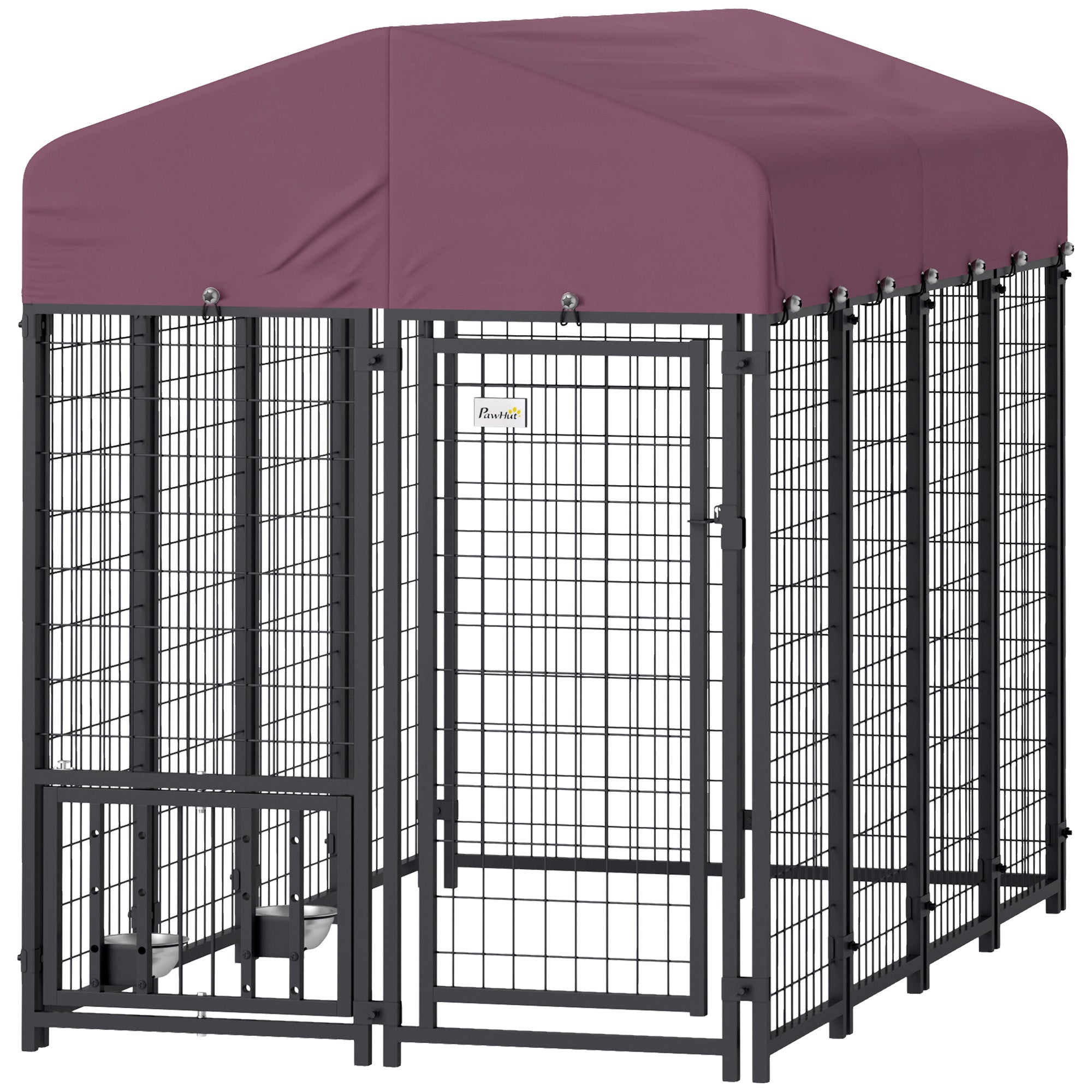 Welded Wire Outdoor Dog Kennel with 360° Rotating & 4 Levels Adjustable Bowls, Waterproof Cover, 7.9' x 4' x 6' - Red