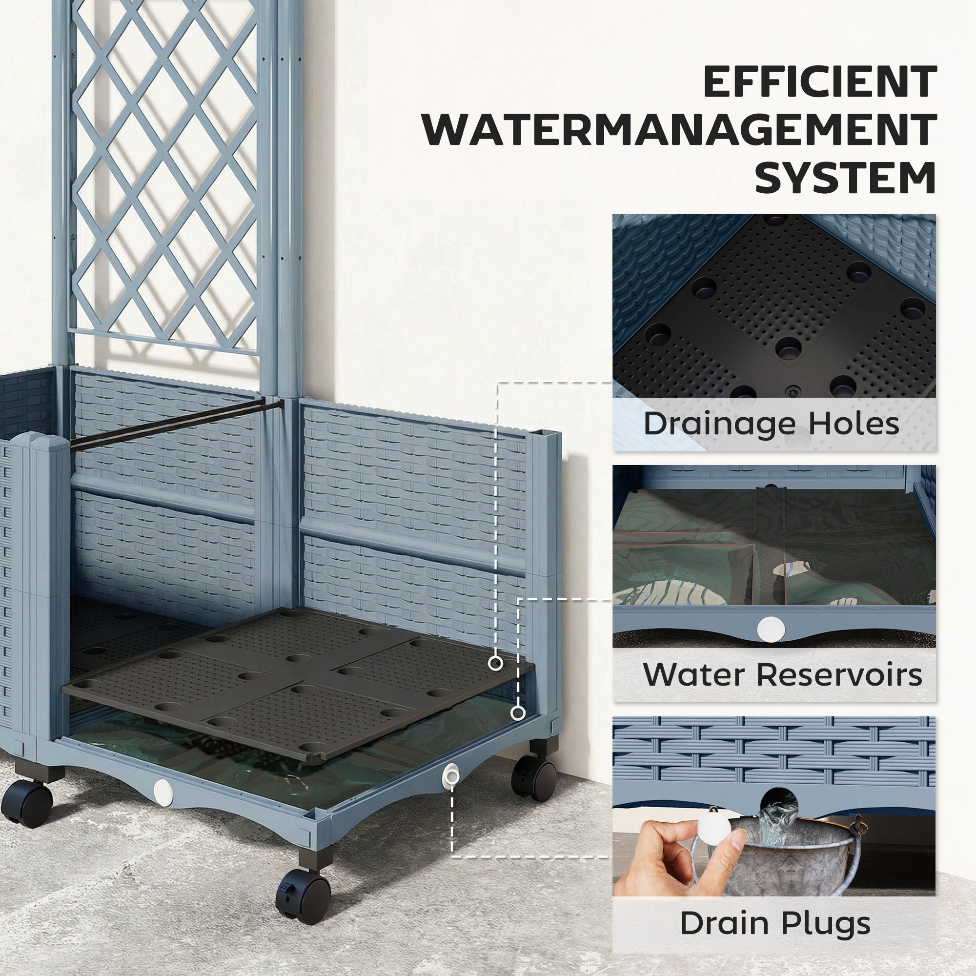 Planter Box with Trellis, Self Watering Raised Garden Bed with Lockable Wheels and Drainage Holes, Gray - Gray - Image 5