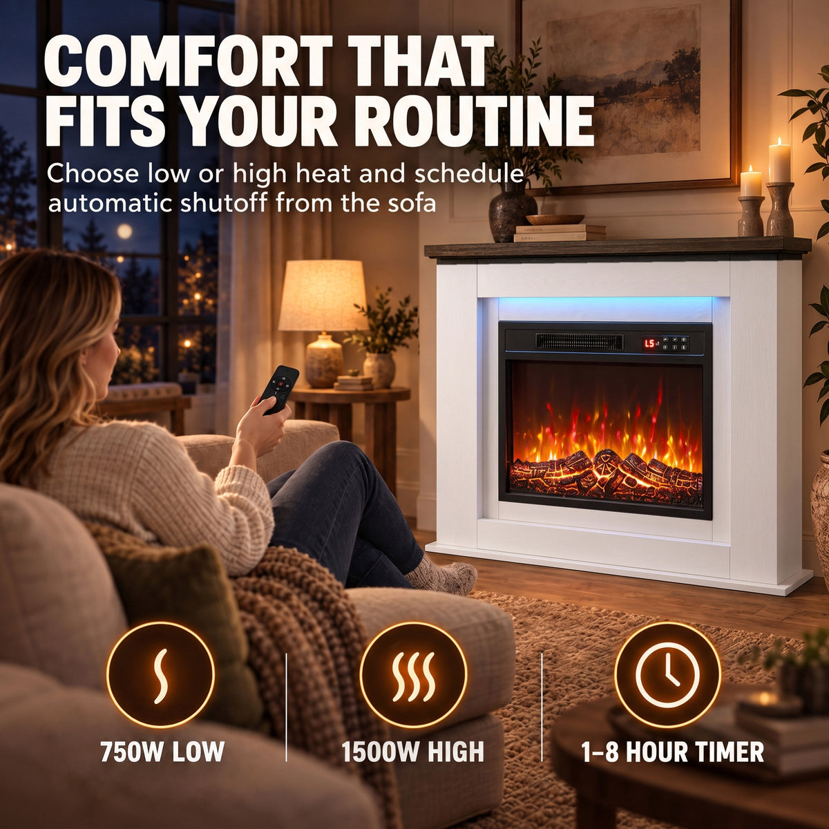 40" Electric Fireplace with Mantel, LED Strip, Fireplace TV Stand for 55" TVs, Adjustable Flame, White