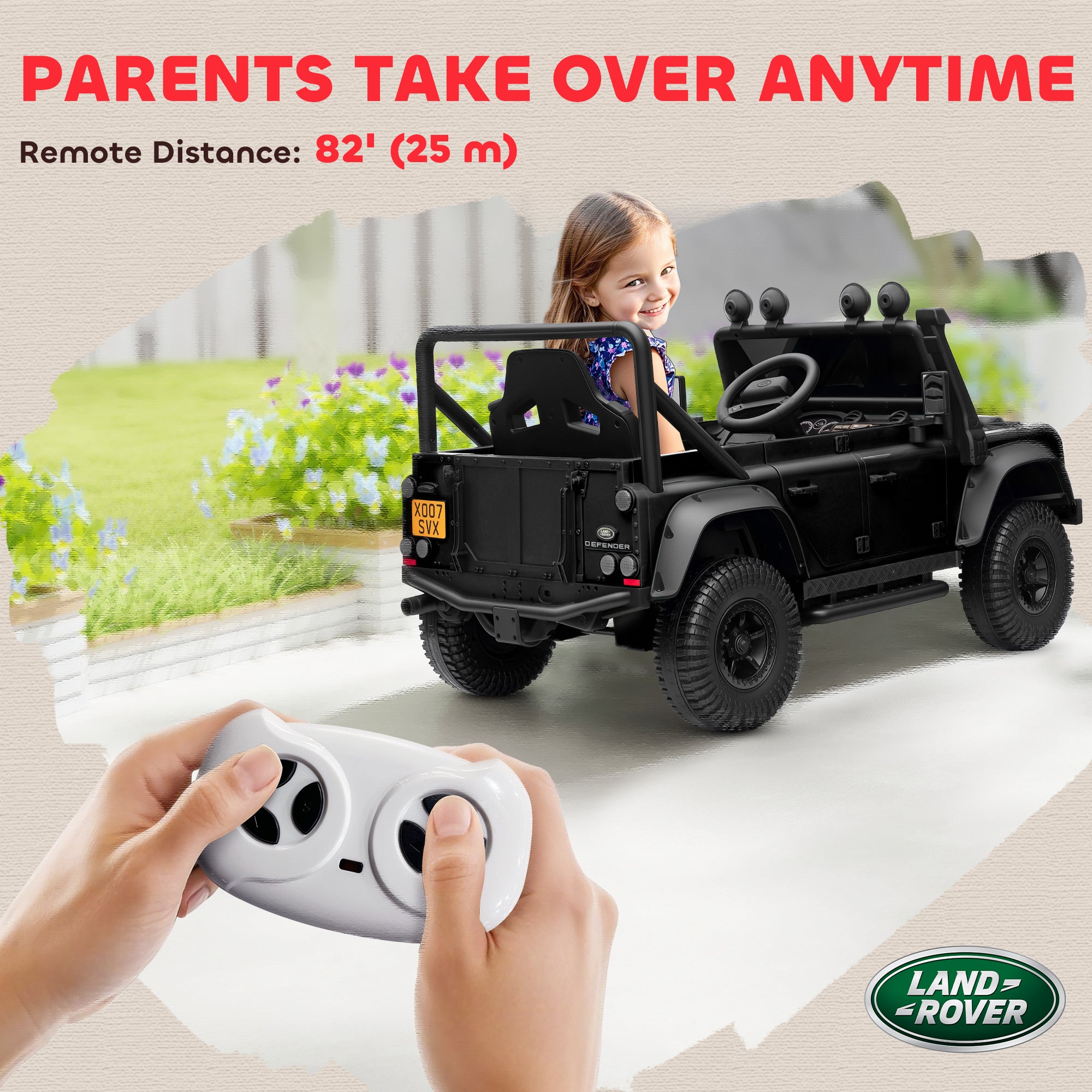 Land Rover Licensed Electric Car for Kids with Remote Control, Dual Motors, Spring Suspension, LED Lights, Black