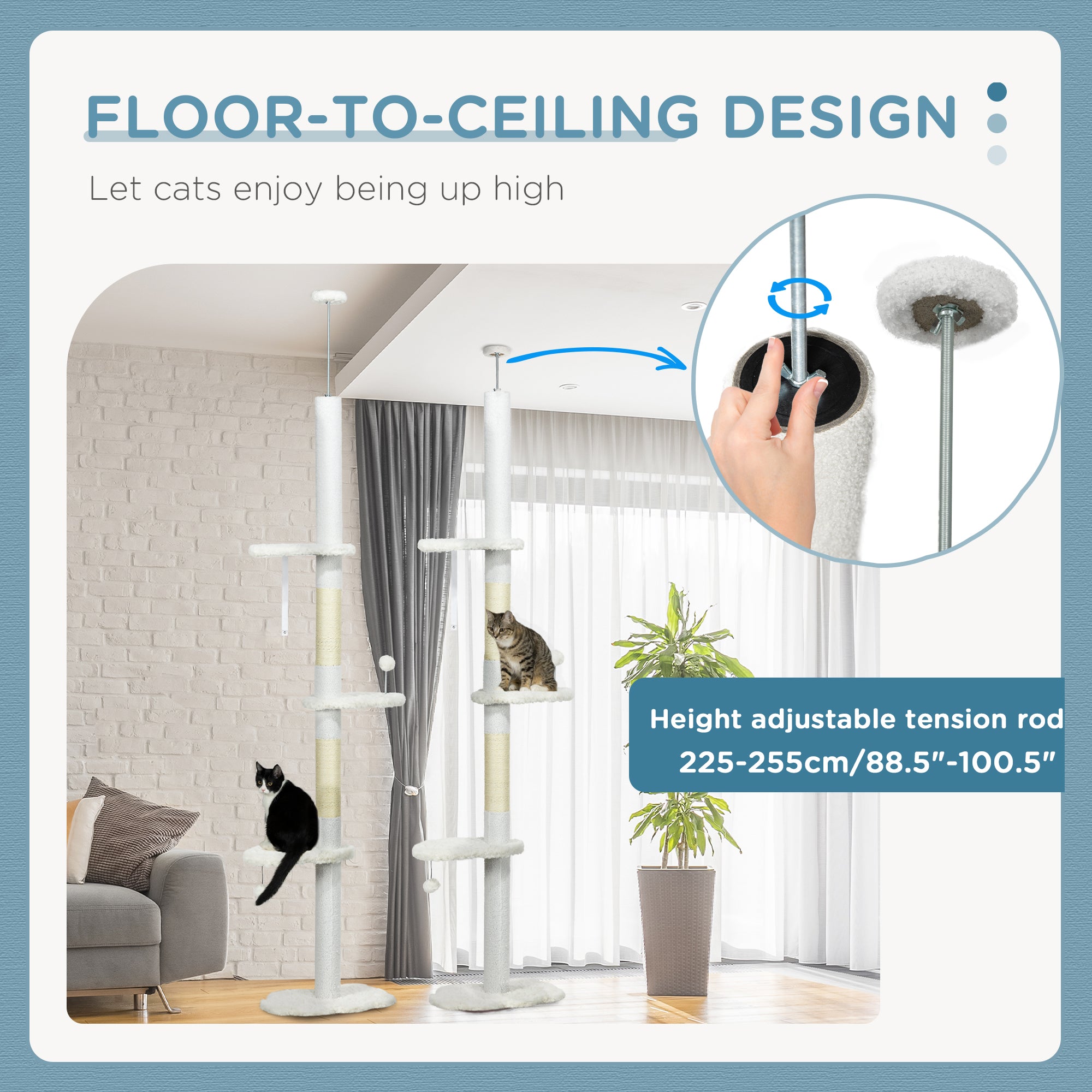 8.4' Floor to Ceiling Cat Tree, Adjustable Height, White - White - Image 5