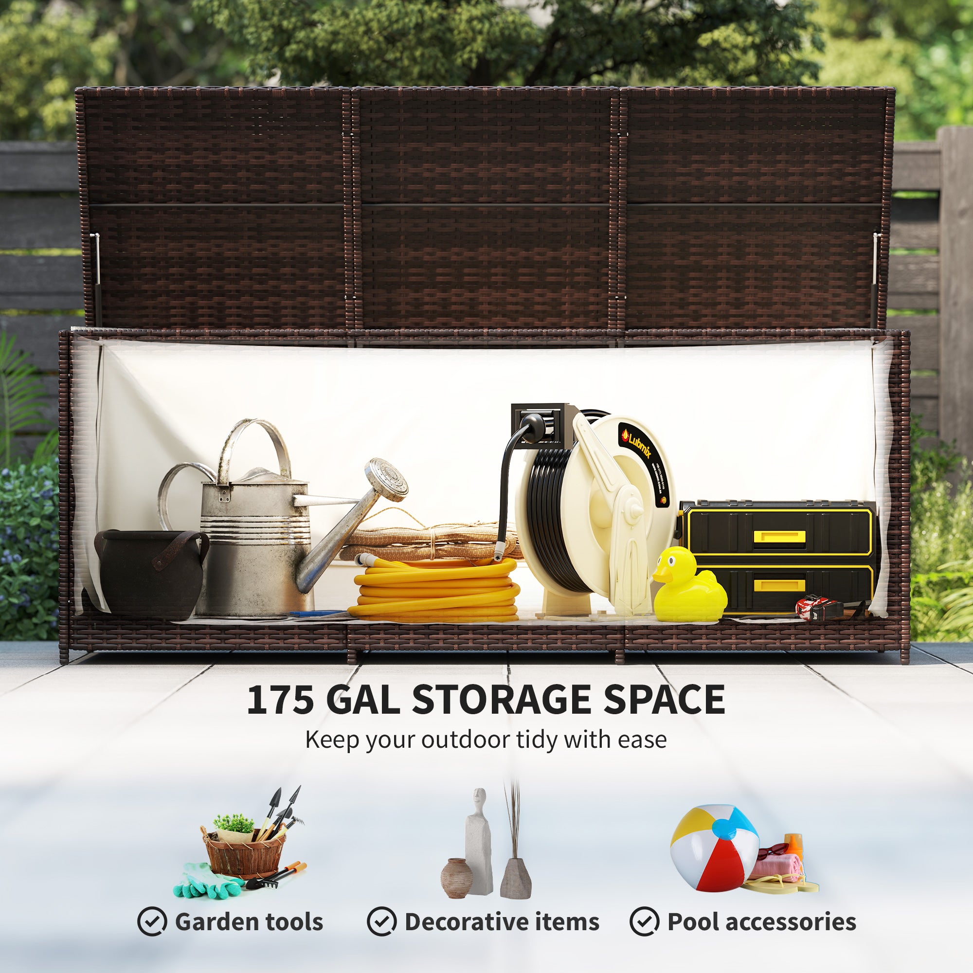 175 Gallon Outdoor Storage Box with Inner Liner, PE Rattan Wicker Deck Box with Pneumatic Bar Lift, Mixed Brown - Brown - Image 4