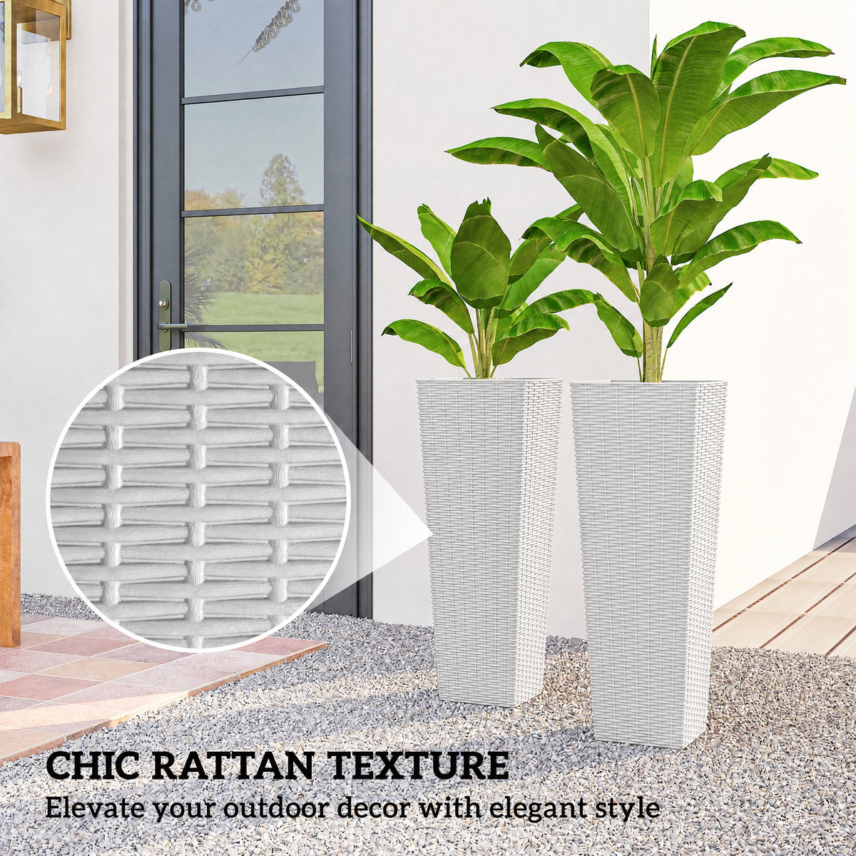 32 Inch Tall Planters for Outdoor Plants, Set of 2 Plastic Flower Pots with Drainage Holes, White