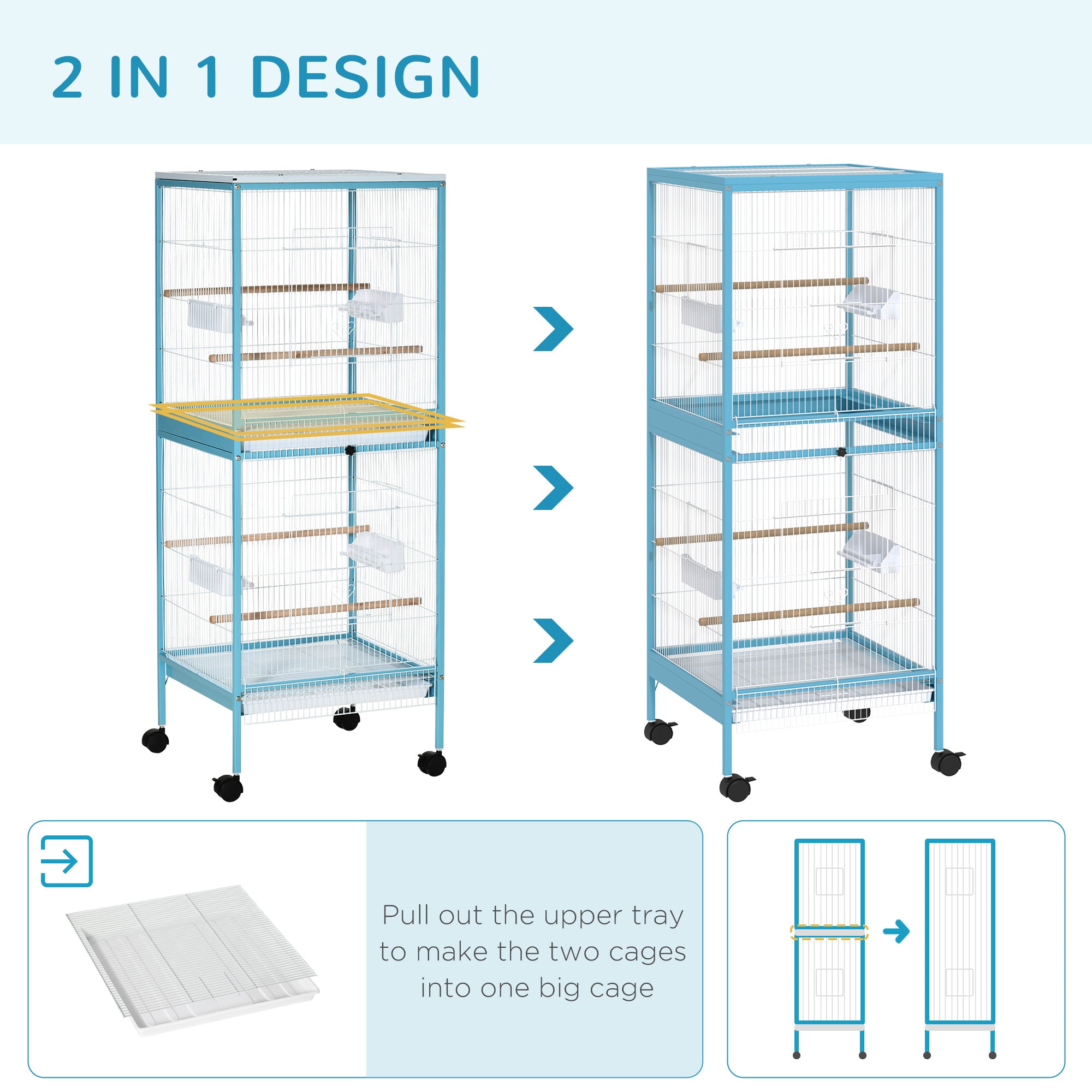 55" 2 In 1 Bird Cage Aviary Parakeet House for finches, budgies with Wheels, Light Blue - Light Blue - Image 4