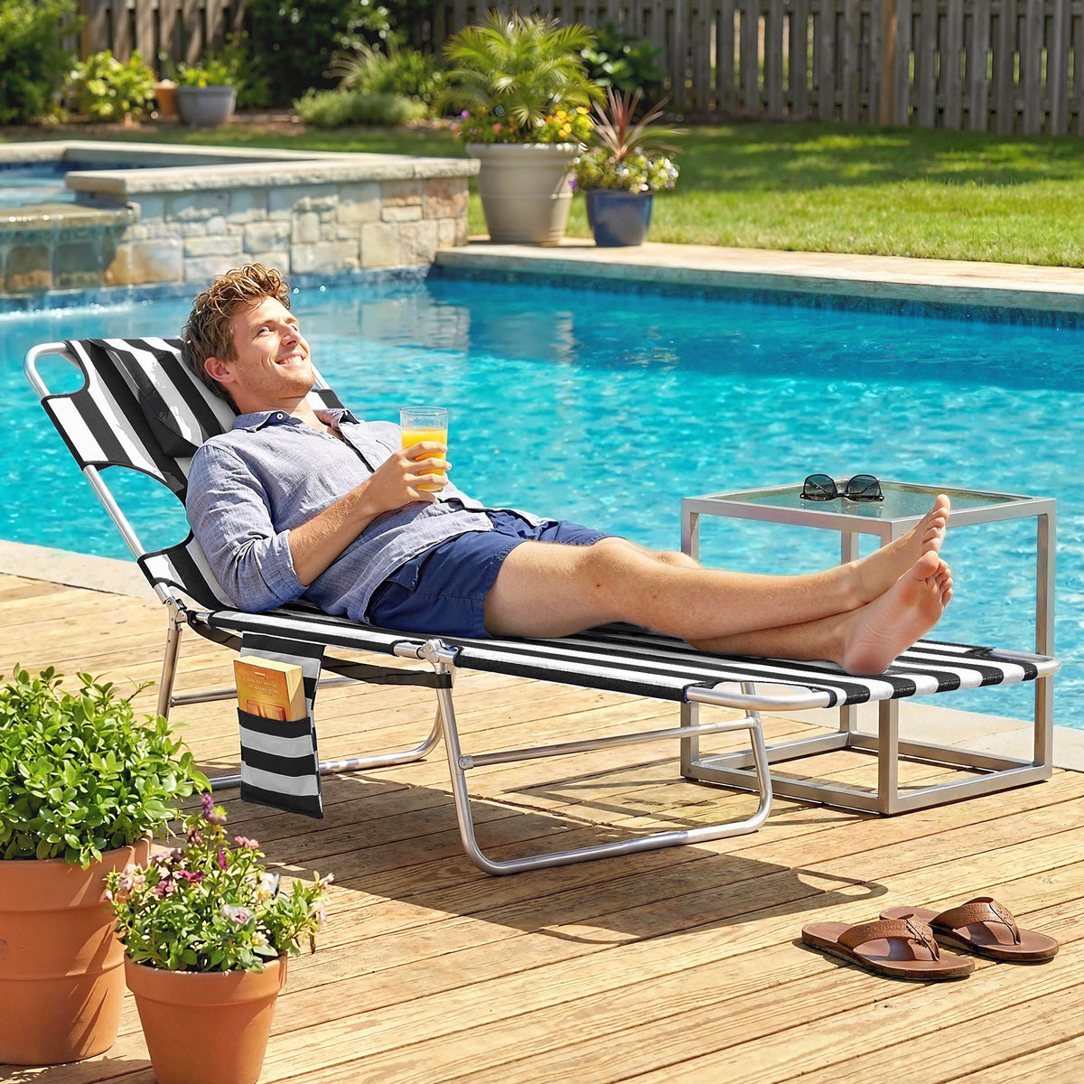 Tanning Chair with Face Hole, 5-Level Adjustable Outdoor Chaise Lounge Chair with Pillow for Beach, Pool, Black Stripe