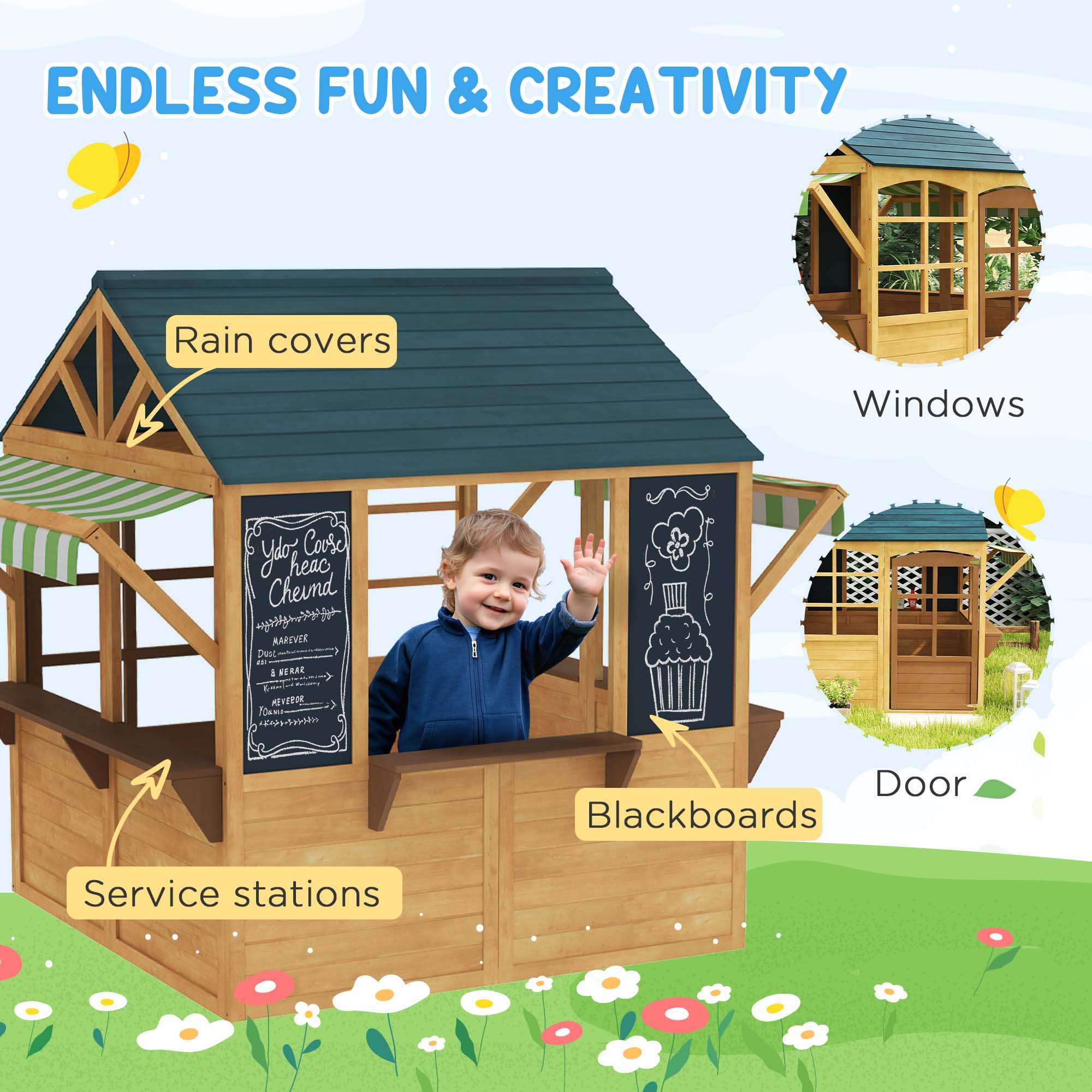Wooden Outdoor Playhouse, Foldable Kids Cottage with Windows, Working Door, Snack Bars, Waterproof Covers, for 3-8 Years