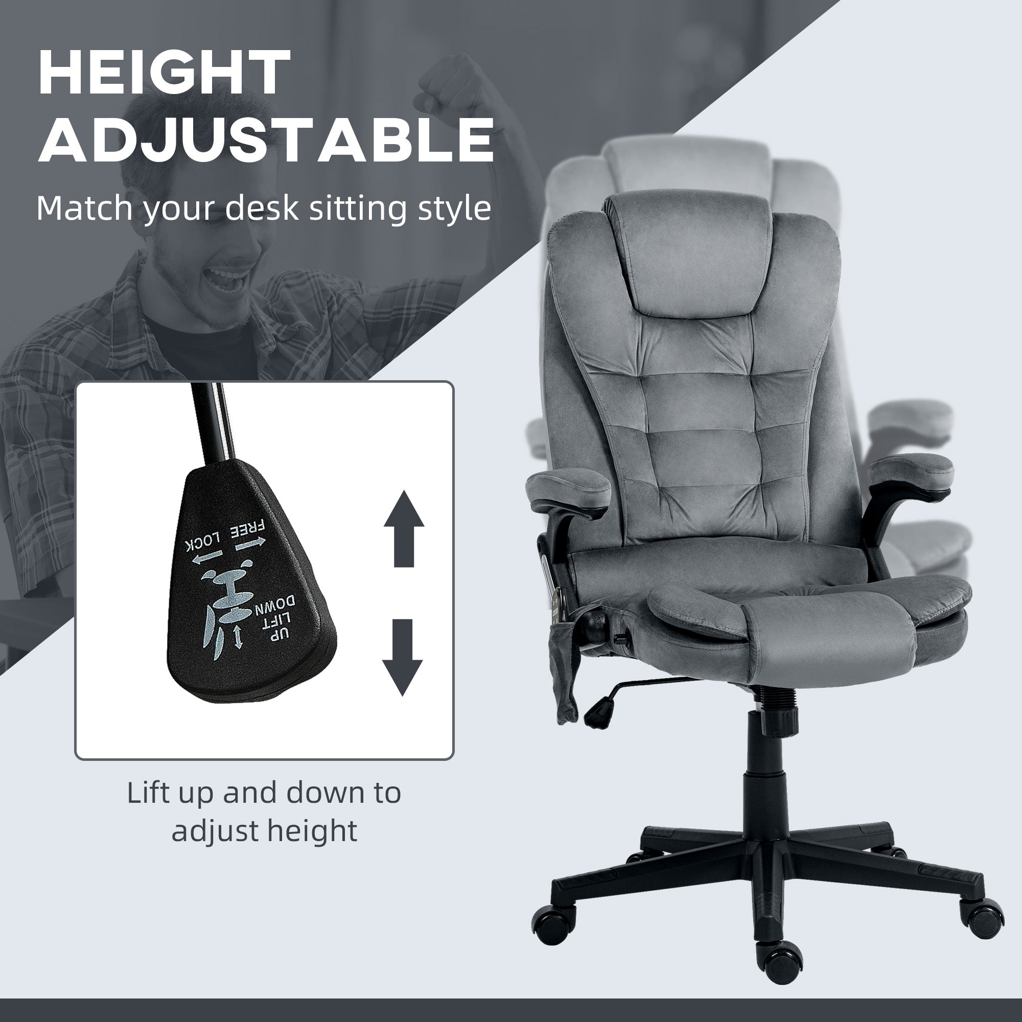 6 Point Executive Office Chair with Heat, Velvet High Back Vibrating Massage Office Chair, Dark Gray