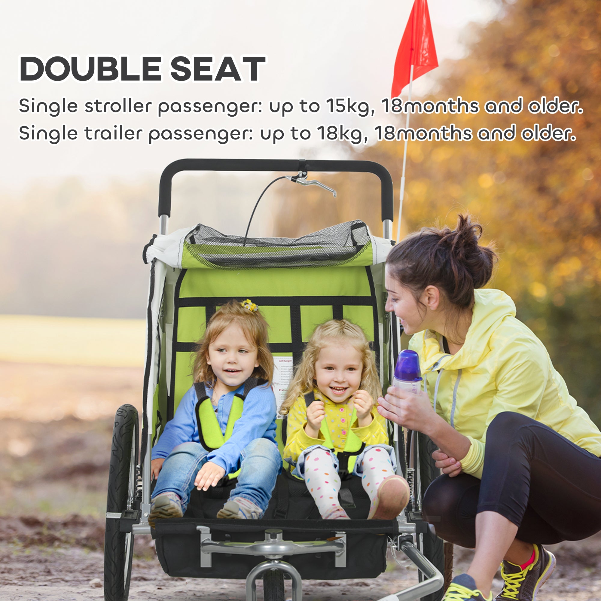2-Seat Elite 360 Swivel Bike Trailer for Kids Bicycle Cargo Trailer with Water-Resistant Windows, Green and White