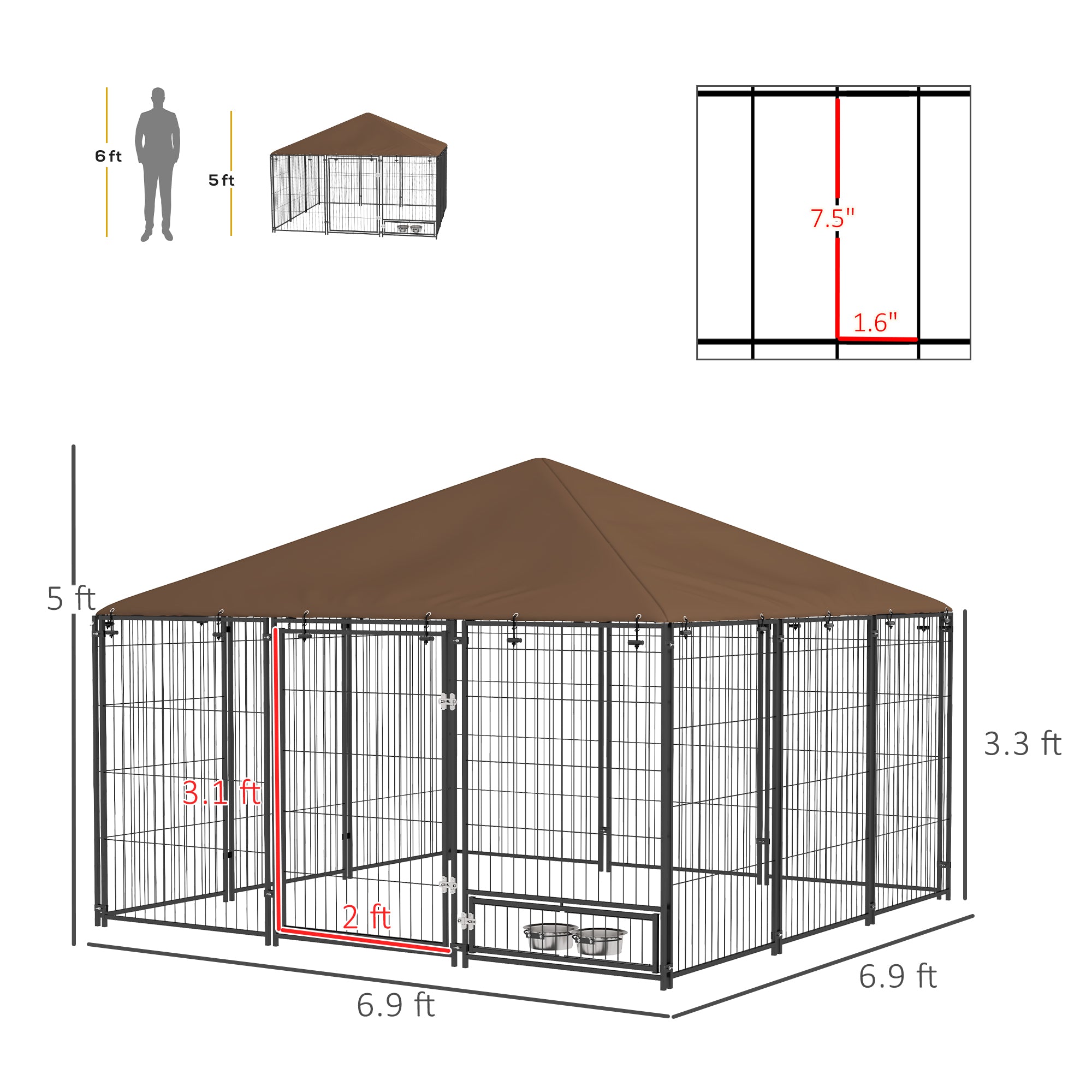 6.9' x 6.9' x 5' Outdoor Dog Kennel with Canopy Garden Playpen Fence Crate Enclosure Cage Rotating Bowl, Coffee - Coffee - Image 3