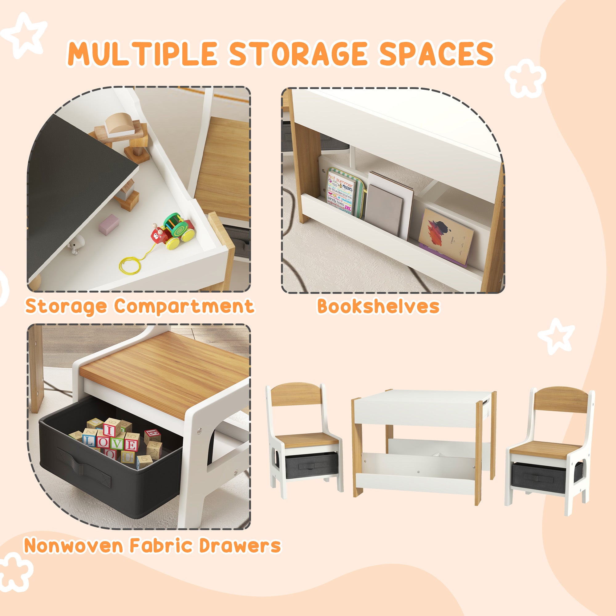 3pc Kids Table and Chair Set with Reversible Tabletop Blackboard, Storage & Bookshelves, Natural