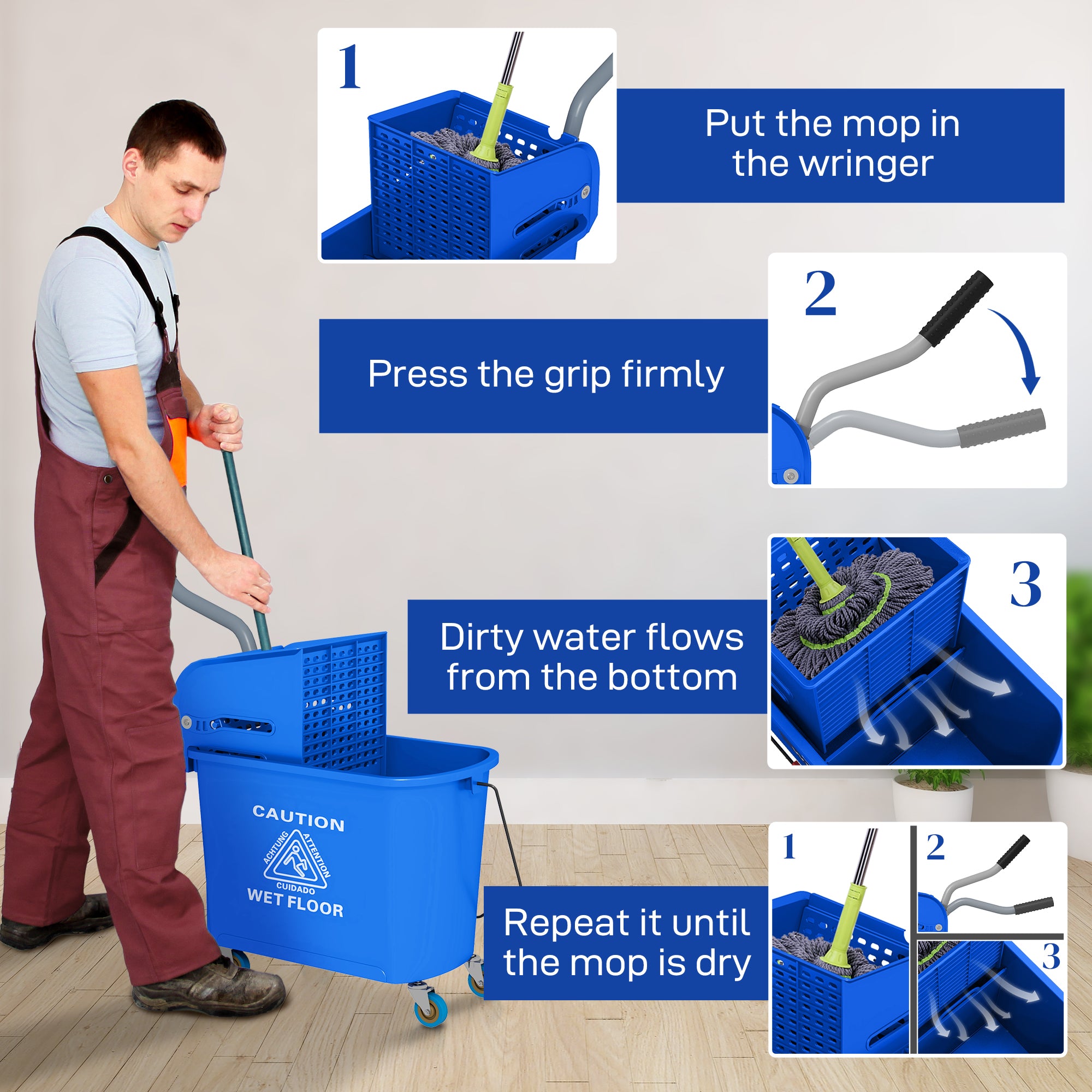 Compact Mop Bucket with Wringer, Mop Bucket on Wheels for Floor Cleaning, 21 Quart, Separate Dirty and Clean Water, Blue