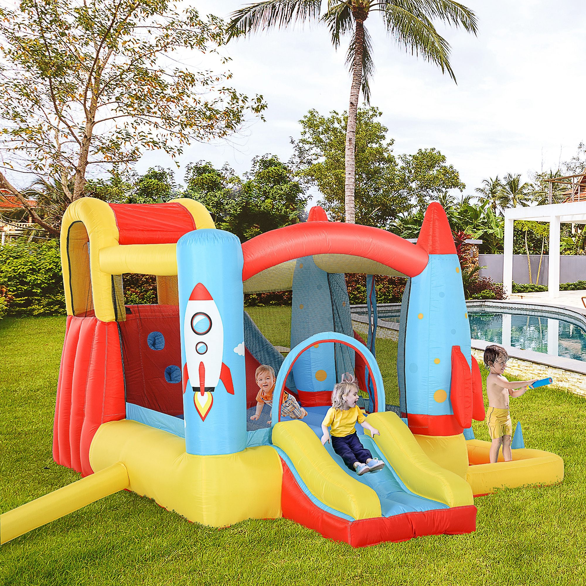 Kids Bounce House, 4-in-1 Rocket Inflatable Water Slide Jumping Castle with 2 Slides, Climbing Wall, Trampoline, & Water Pool Area, Air Blower