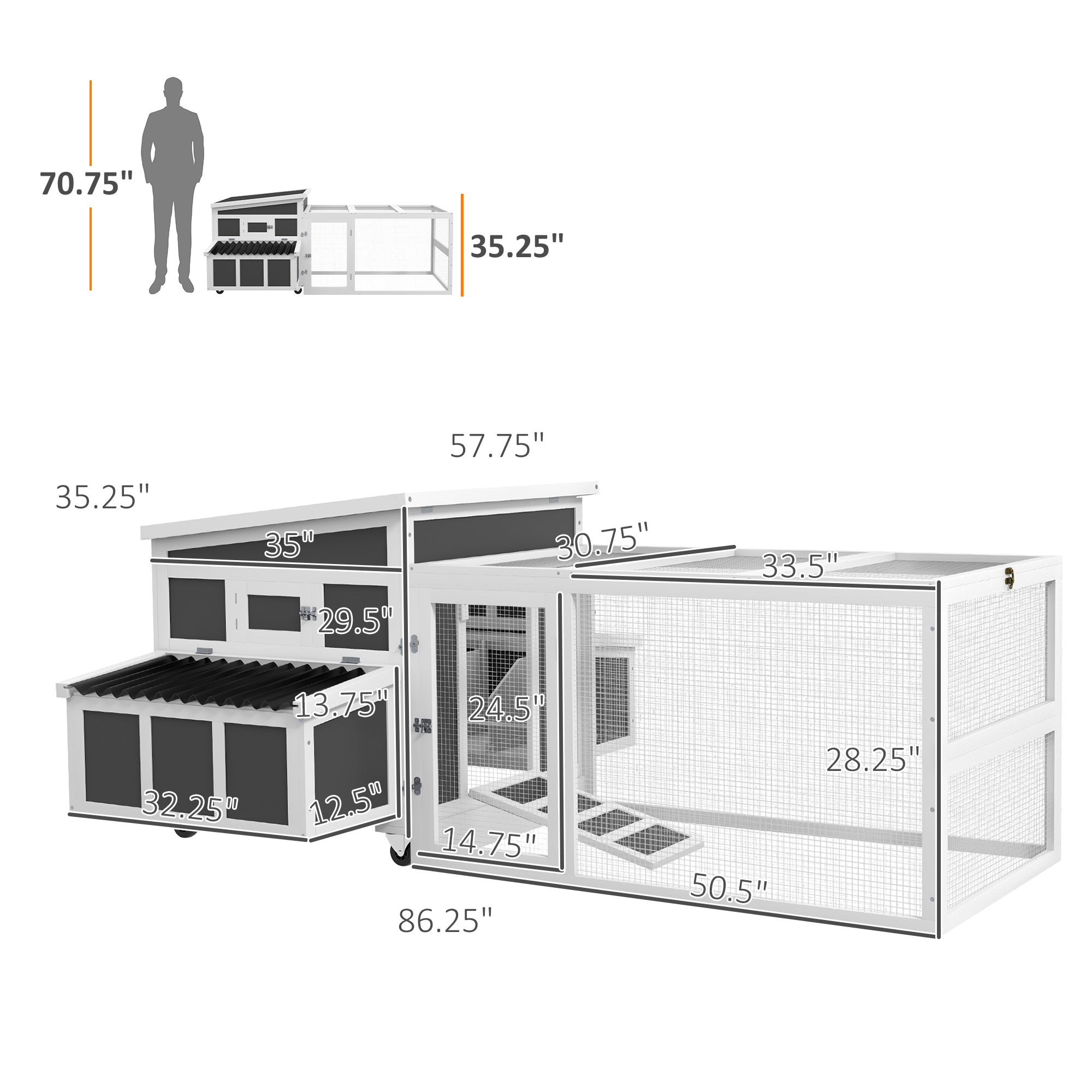 Wooden Chicken Coop with Nesting Box, Pull Out Tray, Run, Perches, Ramp, Windows for 6 Chickens, Dark Gray - Gray - Image 3